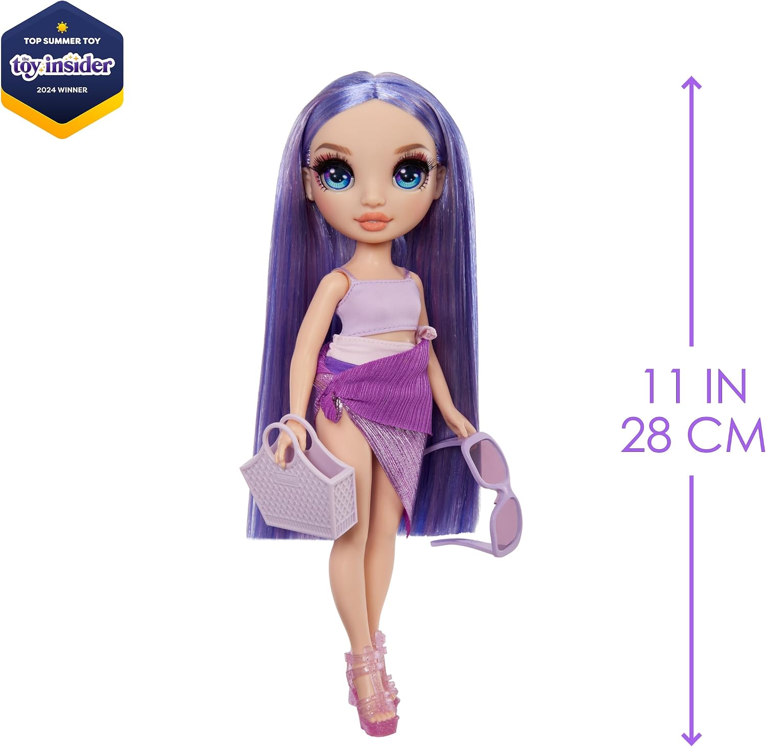 Detalle de Rainbow High Swim & Style 507314-EUC – lalka Violet 28 cm z chustą do stylizacji