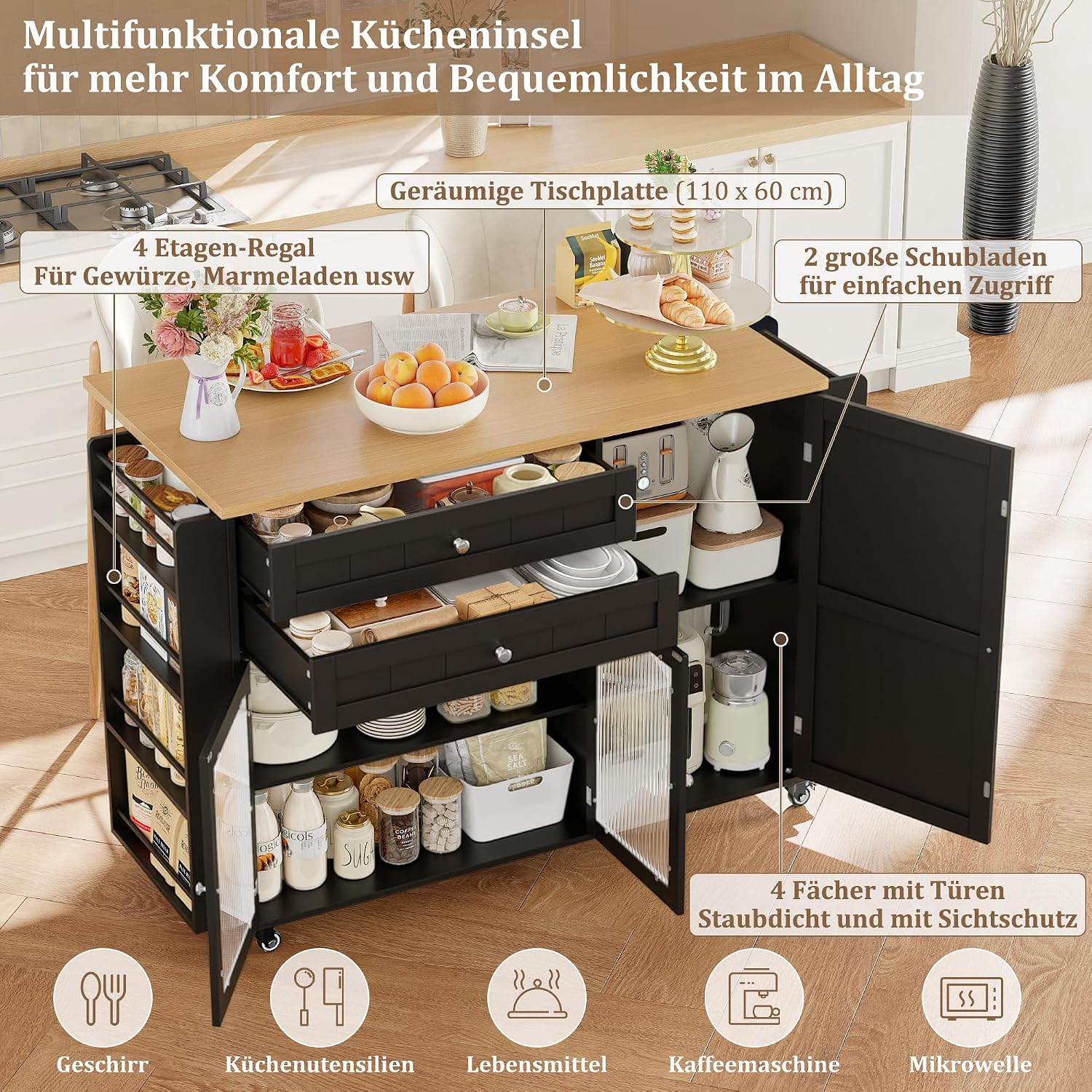 Detalle de FirFurd M218 Kitchen Island with Folding Worktop, Wheels, 2 Drawers and 3 Doors