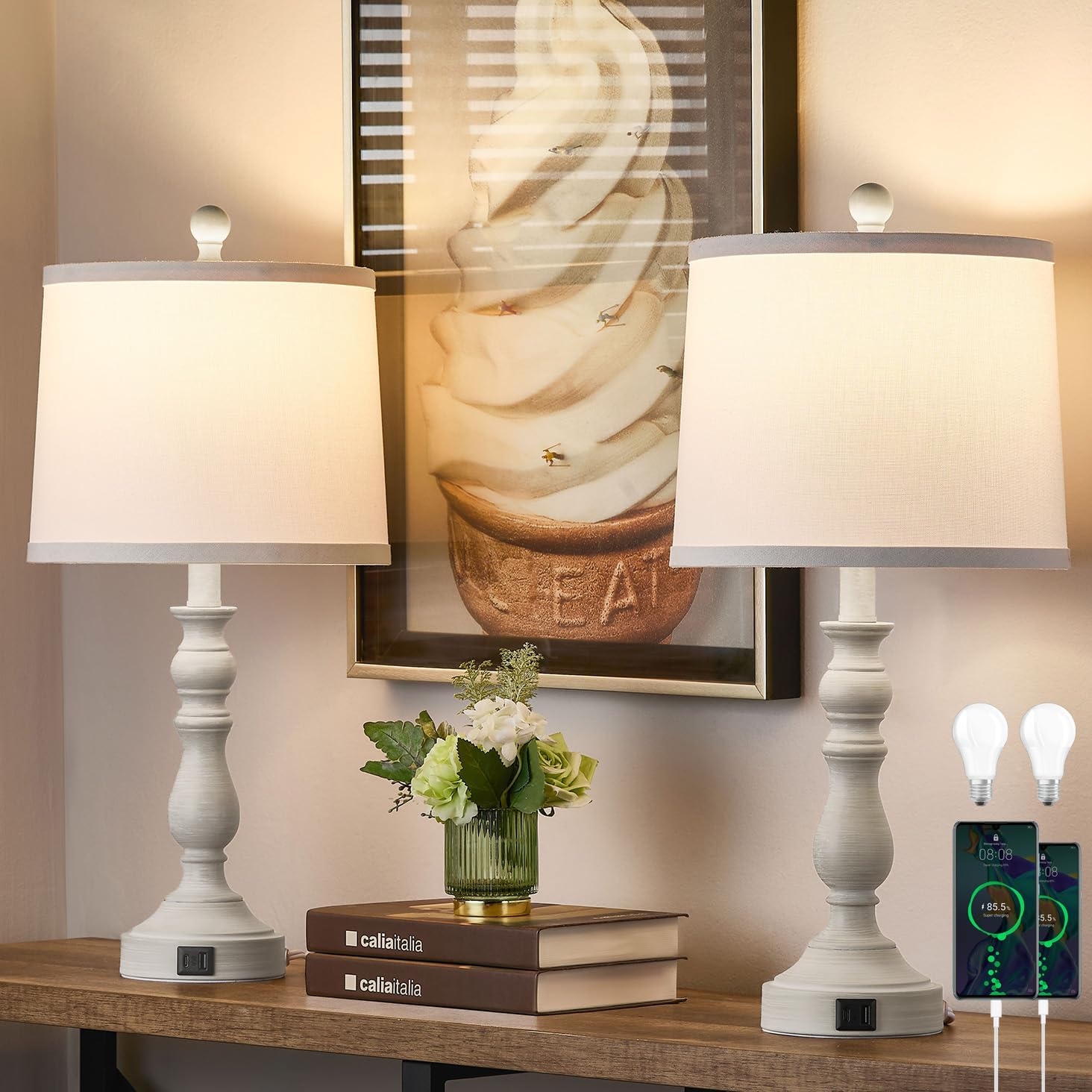 Detalle de Leasgy L-2T-138-B Table Lamps Set of 2, USB-A and USB-C Ports