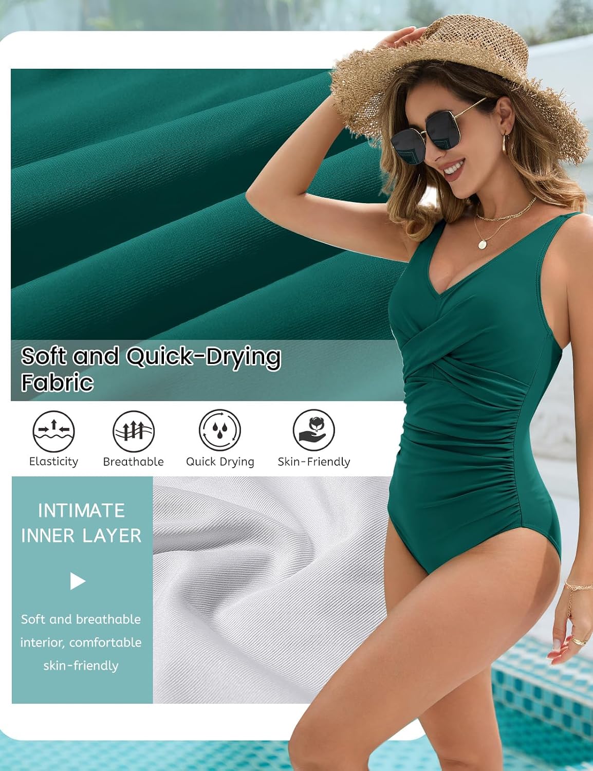 Detalle 2 de UMIPUBO costume da bagno intero donna curvy con scollo a V, reggiseno imbottito e controllo pancia