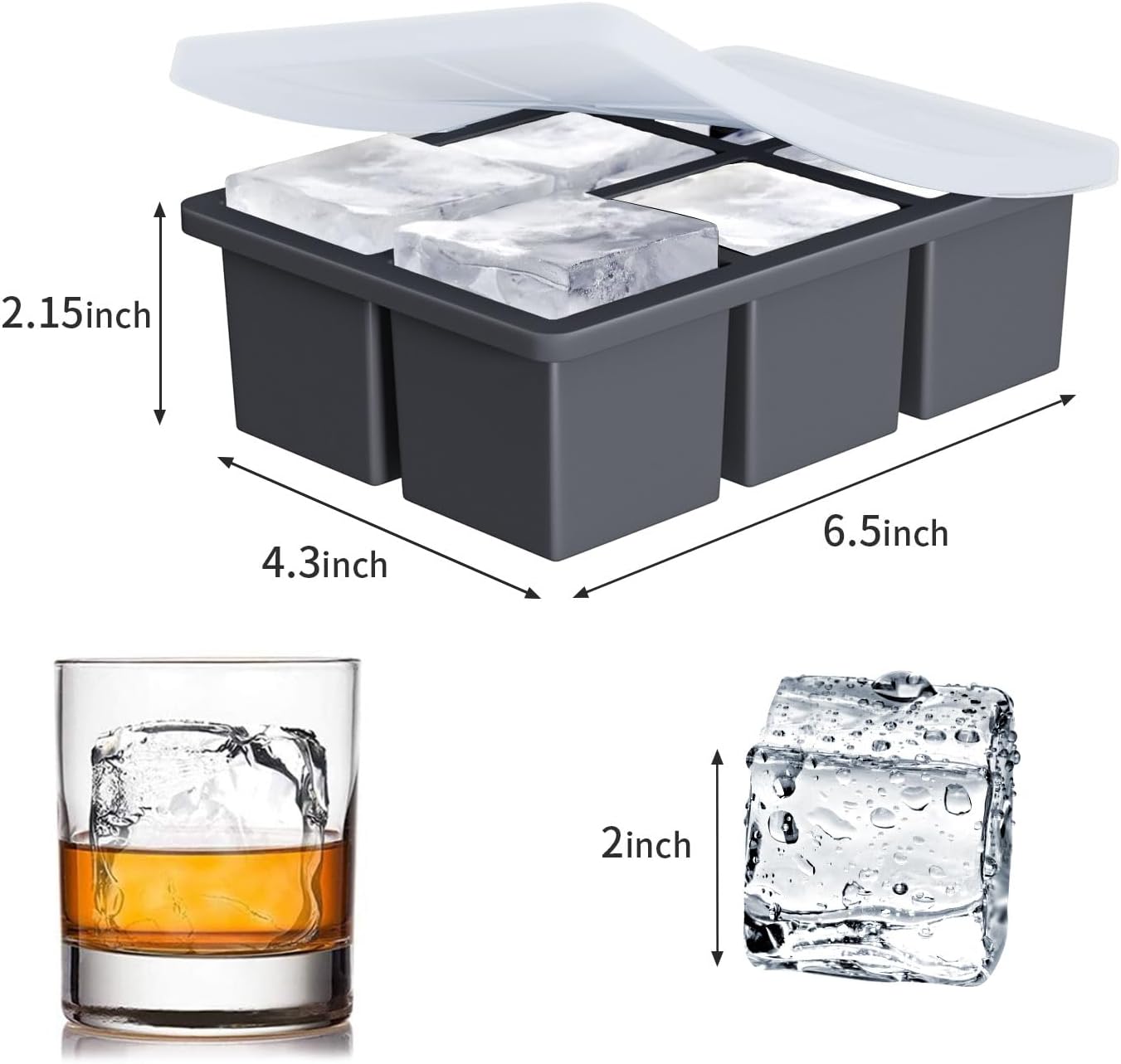 Thumbnail 4 de FDDBI Large Ice Cube Trays with Lid (2-Pack) – 2-Inch Square Whiskey Ice Cubes