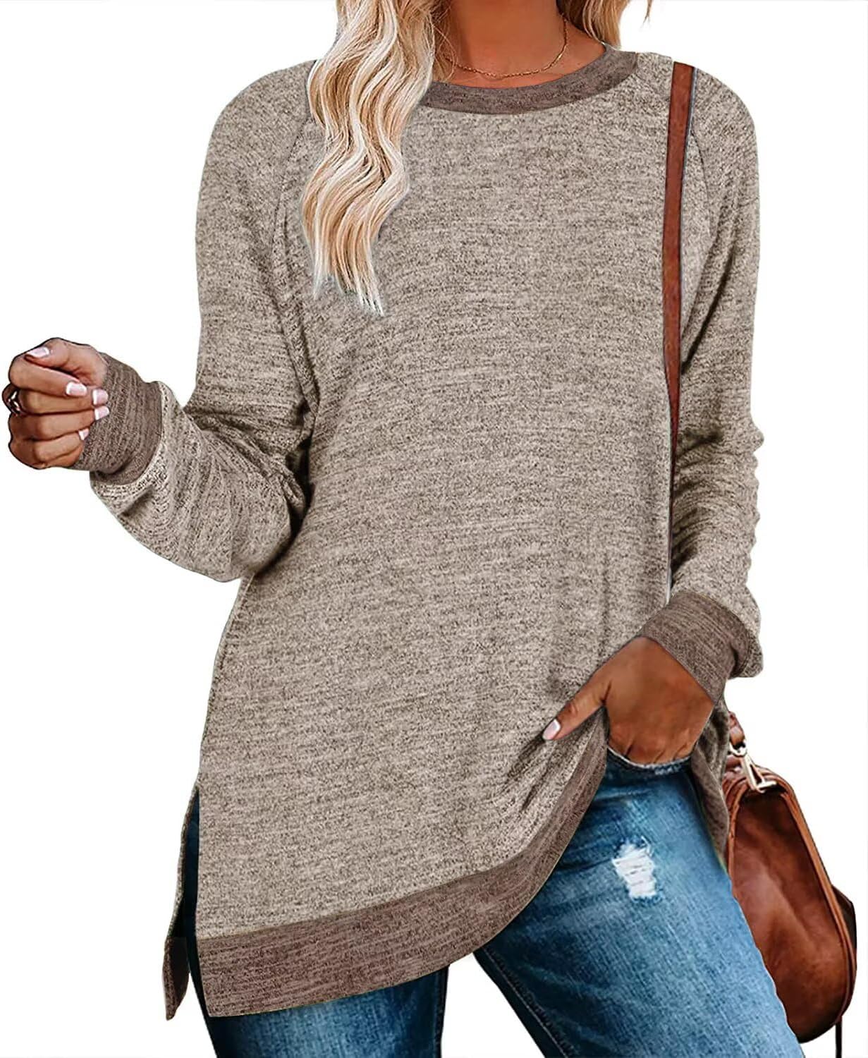 Detalle de WELINCO Women's Long-Sleeve Crewneck Tunic Top, Colour-Block Side Splits