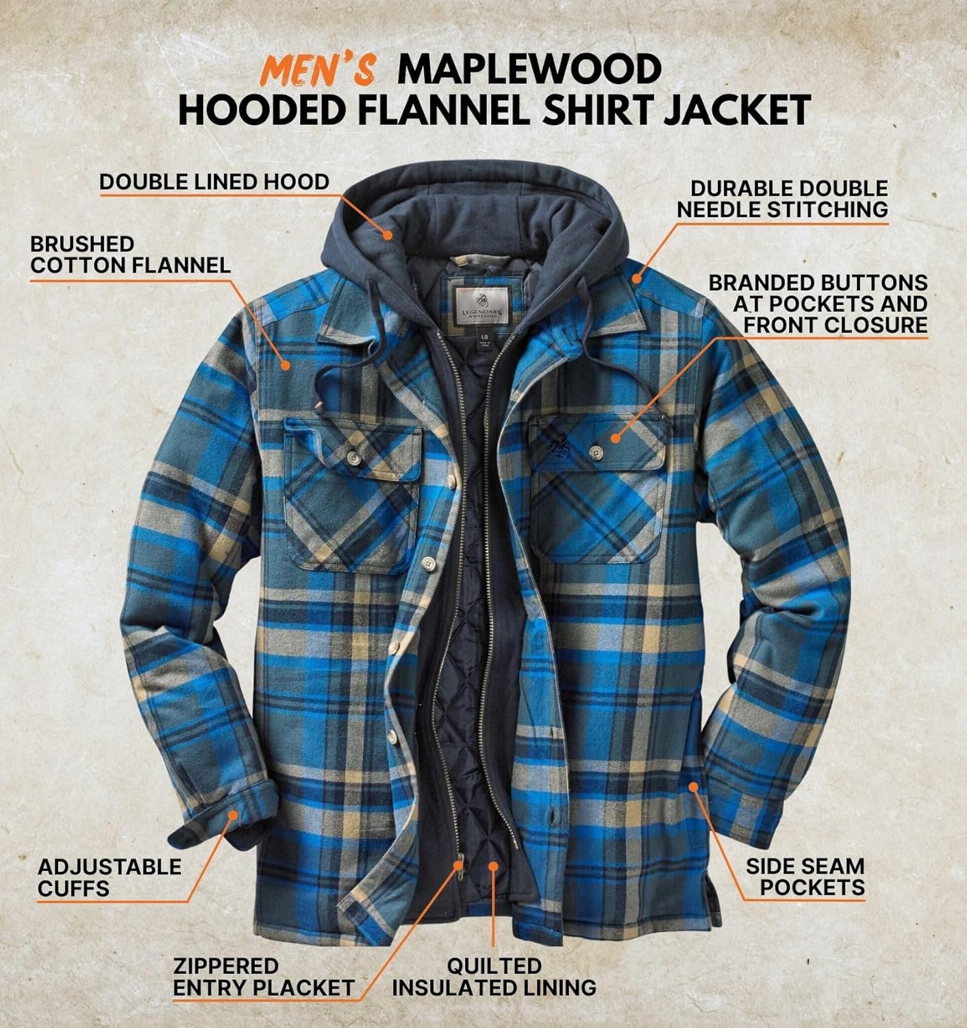 Detalle de Legendary Whitetails Mens Plaid Flannel Shirt Jacket Quilted with Hood Polyfill Insulated Shacket