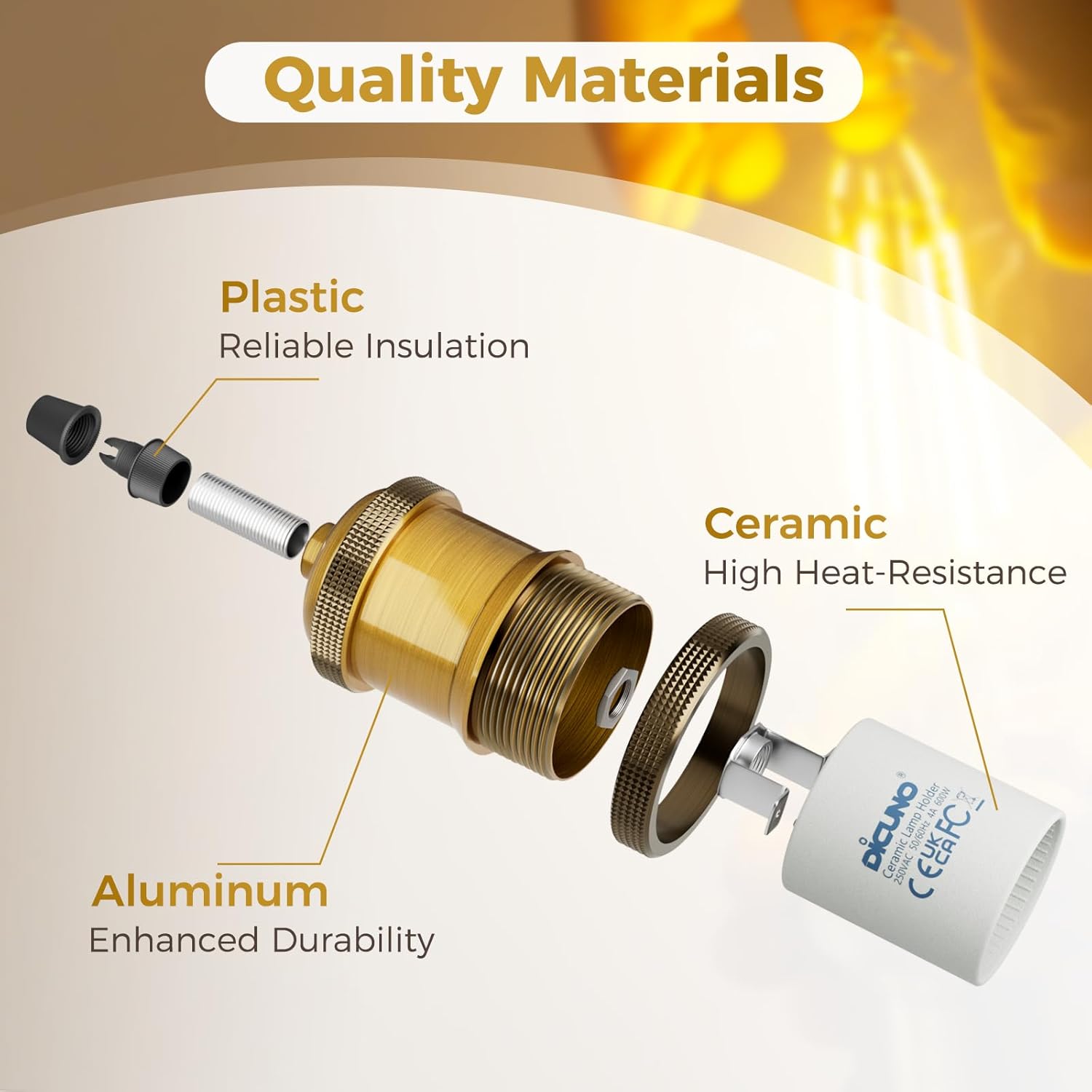 Thumbnail 1 de DiCUNO E27 Vintage Solid Lampenfassung – 4er Pack, Aluminium & Keramik, Vintage Brass