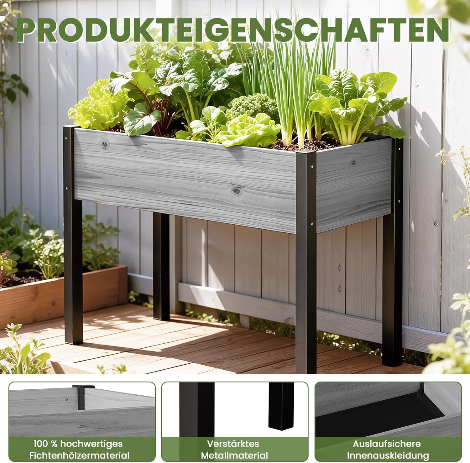 Thumbnail 3 de SUNYRISY Hochbeet für Balkon und Garten mit Metallbeinen – 116x60x80 cm, Grau