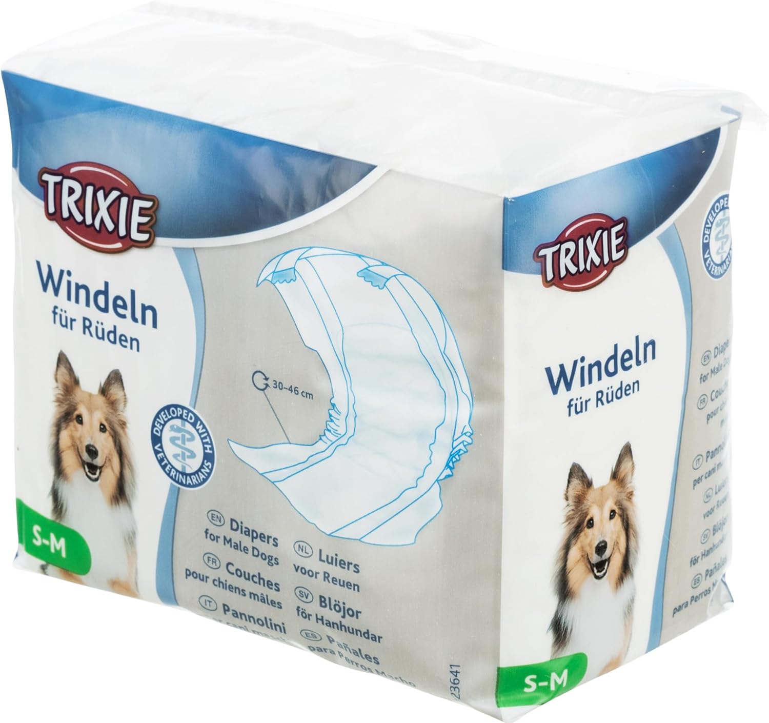 Detalle de TRIXIE Hundewindeln für Rüden Größe M-L – Saugfähige Windeln mit Klebeverschluss und Elastikbund (46–60 cm Taillenumfang)