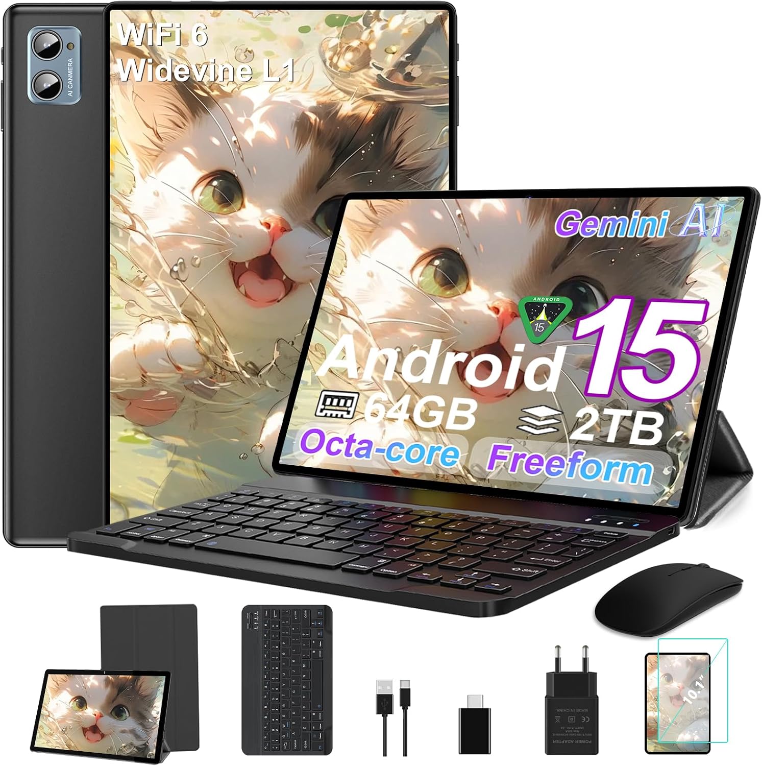 Detalle de SUAAT 2026 Tablet Android 10 Zoll – Octa Core, 64 GB ROM, 2 TB Erweiterung, 5G/2,4G WLAN, GMS, Bluetooth 5.0, 8 MP + 5 MP, inklusive Hülle, Tastatur und Maus (Schwarz)