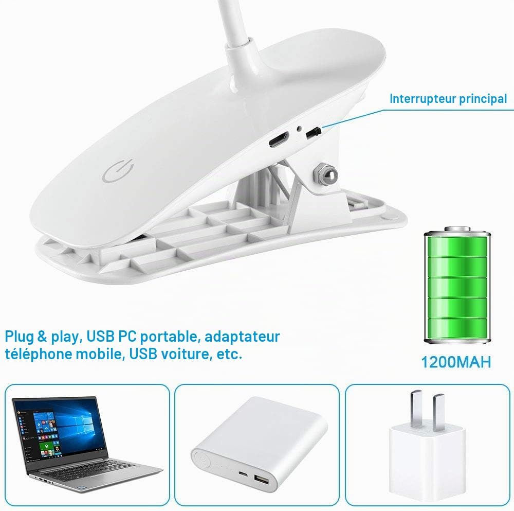 Detalle de URAQT LED-klemlamp met USB-oplaadbare batterij, 3 lichtstanden en flexibele hals