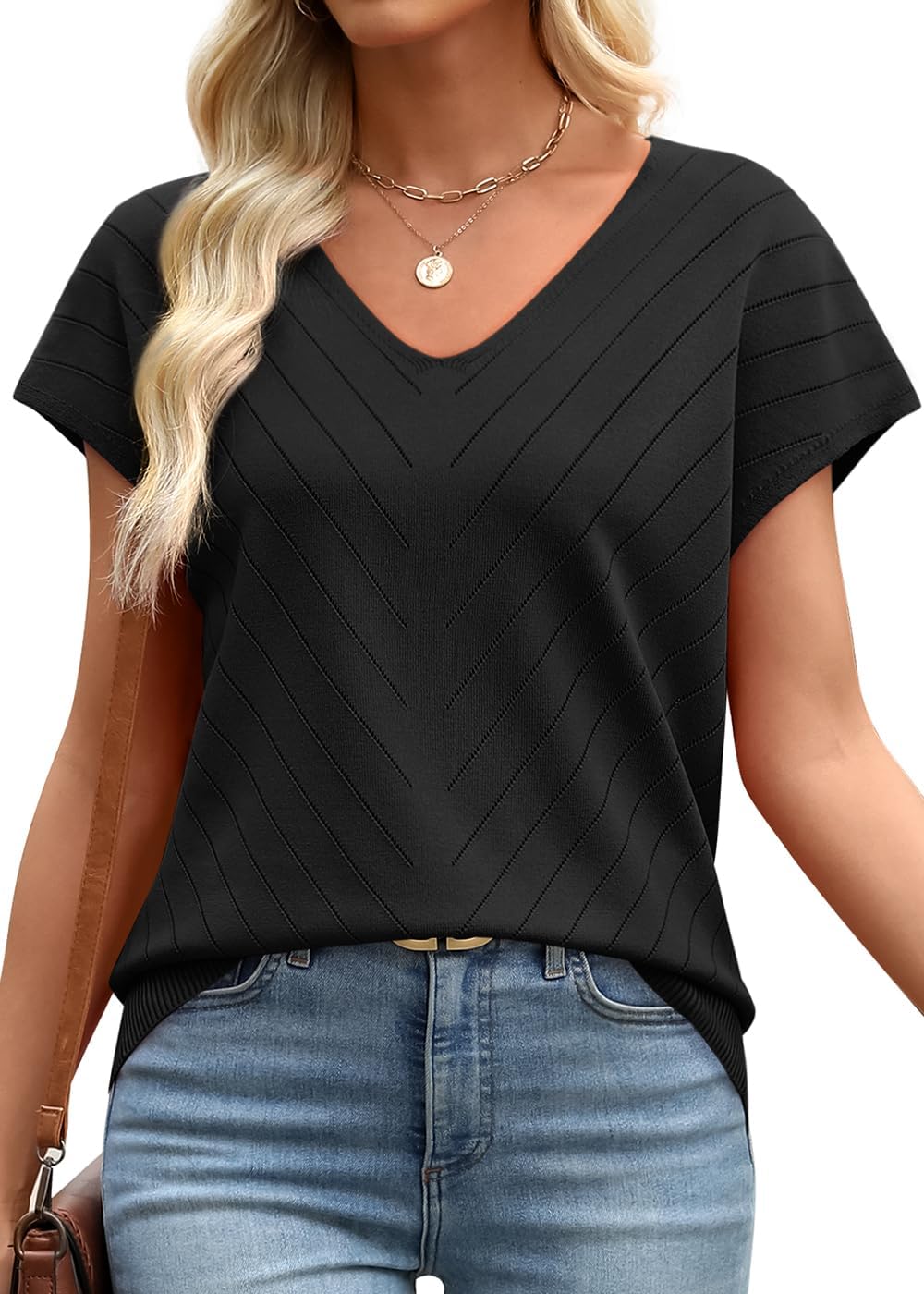 Thumbnail 3 de WIHOLL Women’s Short Sleeve V-Neck Sweater (Cap Sleeves) for Summer, Travel, and Business Casual