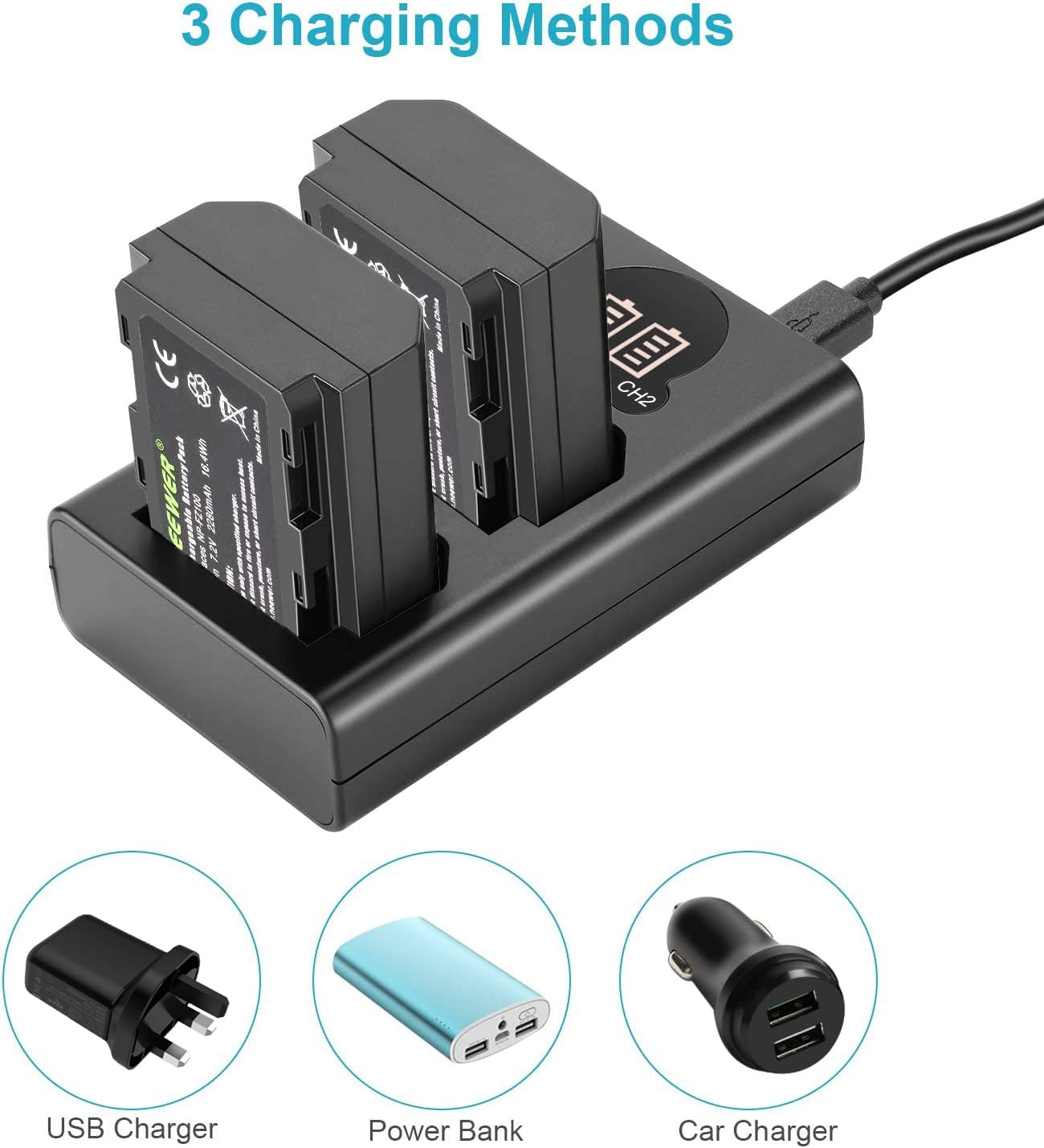 Detalle de Neewer NP-FZ100 2280mAh Replacement Battery and Charger with LCD (2-Pack) for Sony ZV-E1, FX3, A7 & more
