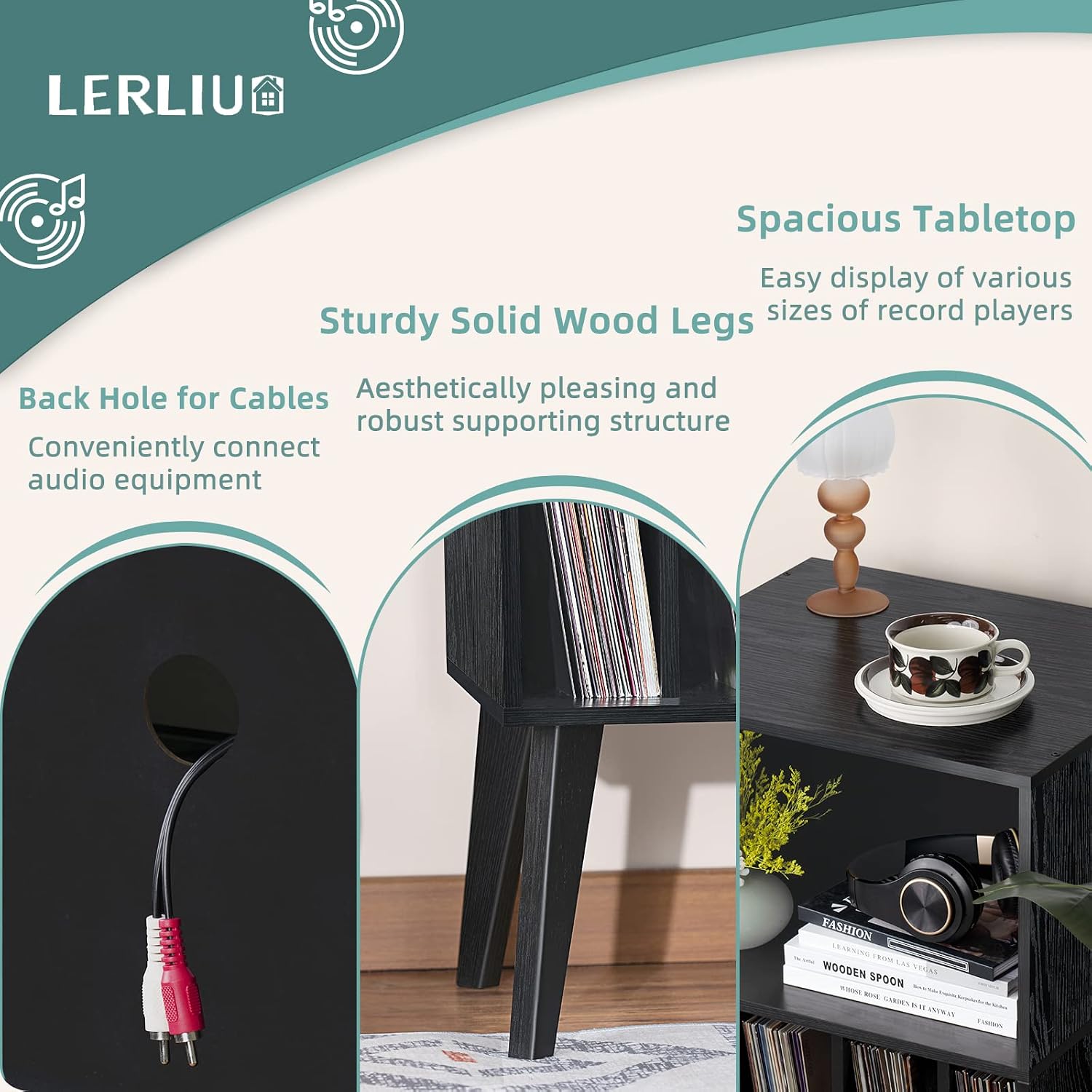 Detalle 2 de Lerliuo Record Player Stand, Black – Mid-Century Vinyl Storage with Solid Wood Legs (Holds 160 Albums)