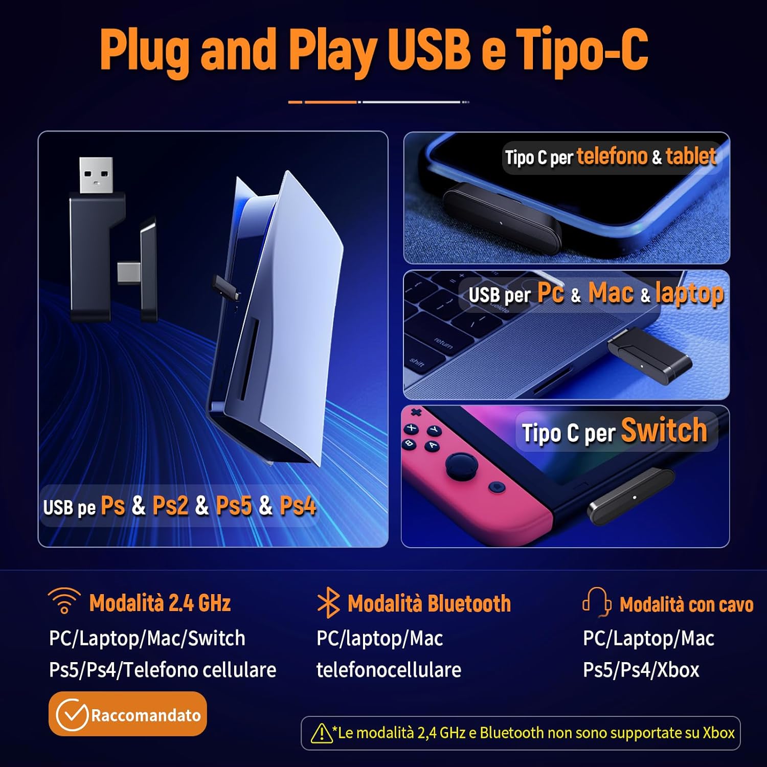 Thumbnail 6 de Ozeino Cuffie Gaming Wireless con microfono, doppia modalità 2,4 GHz/ Bluetooth, USB Type-C e jack 3,5 mm