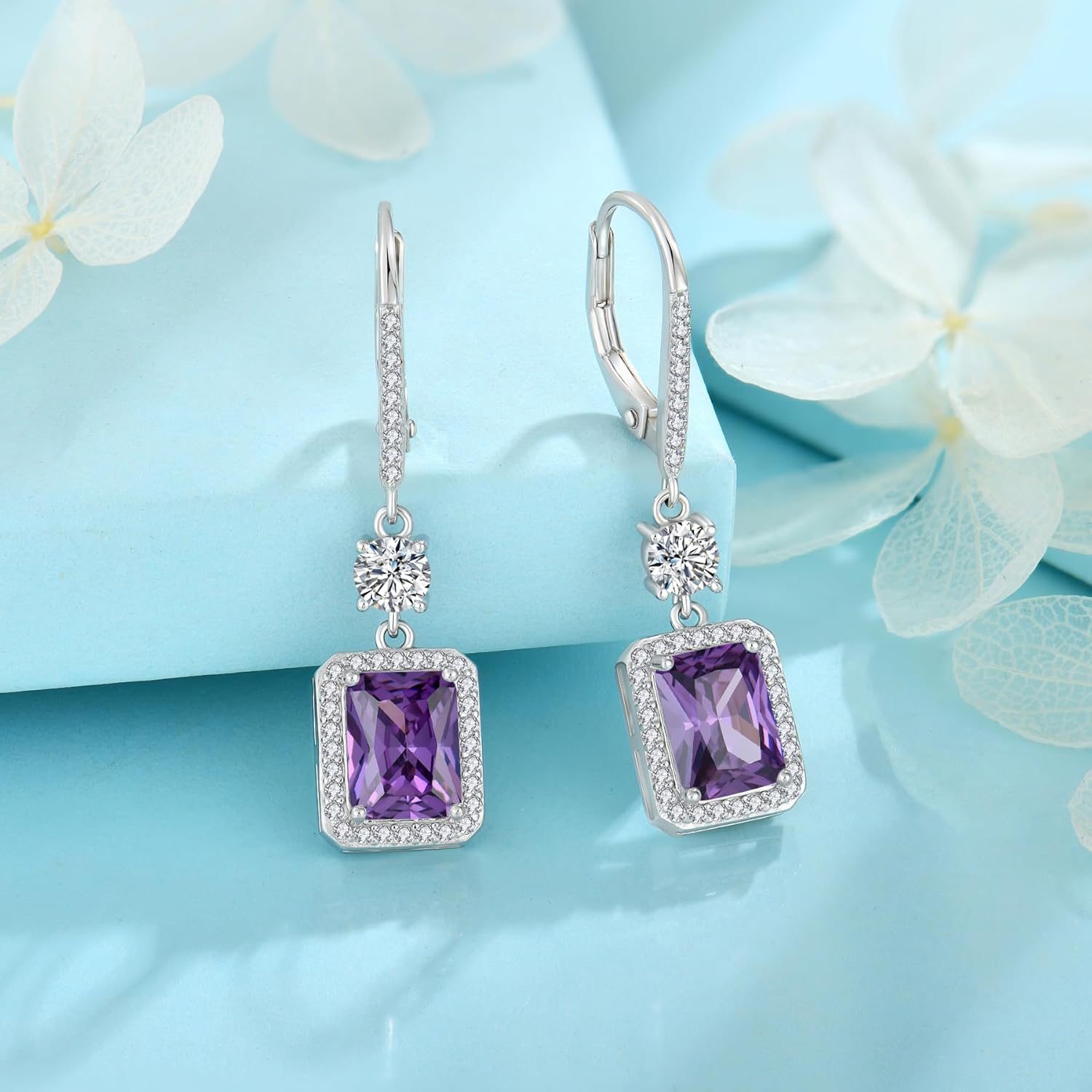 Thumbnail 3 de 925 Sterling Silver Rectangular Cut Dangle Drop Earrings with Birthstone & Leverback