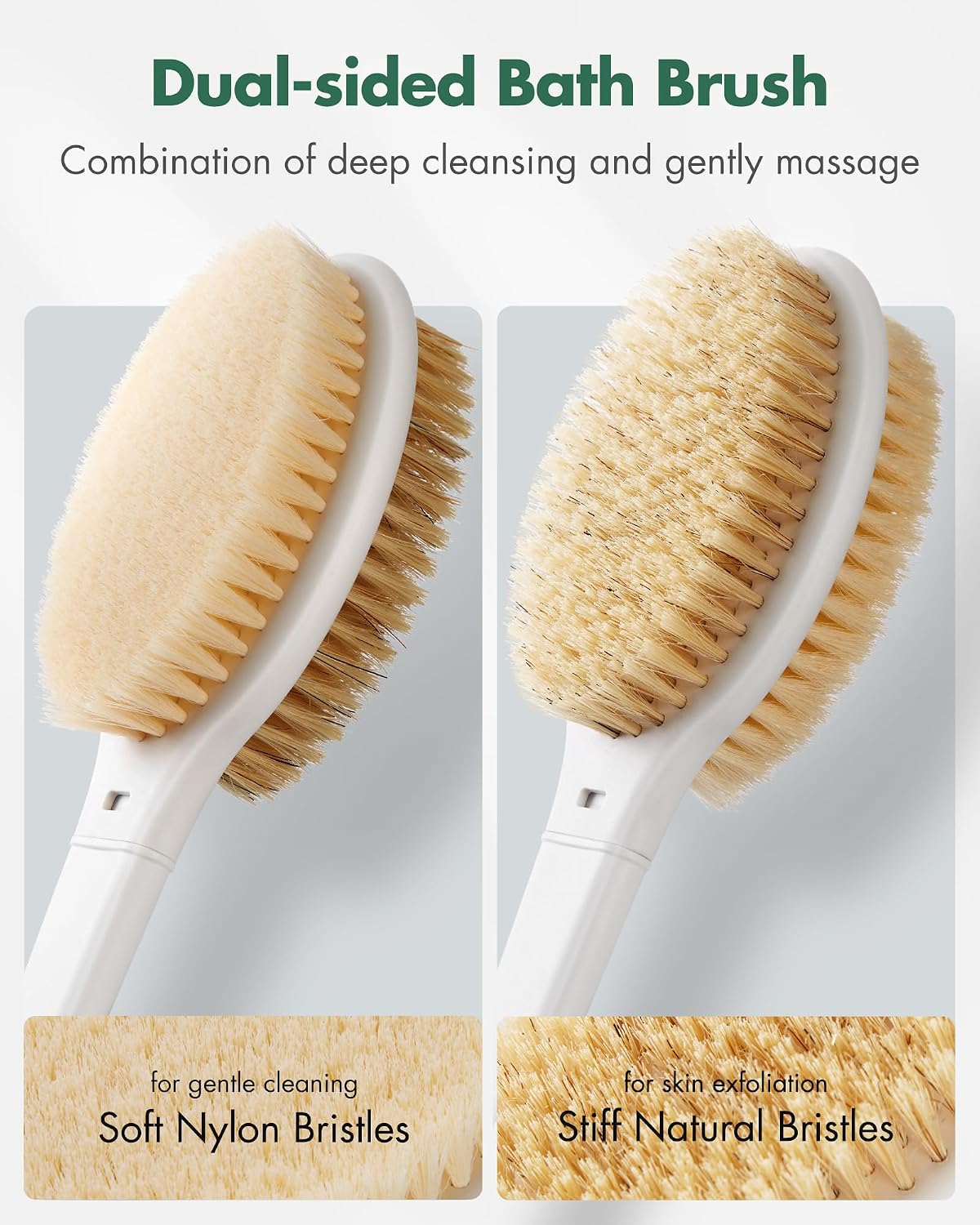Detalle de Back Scrubber Body Shower Brush with Anti-Slip Long Handle (Mint Green) – Stiff & Soft Double-Sided Bristles