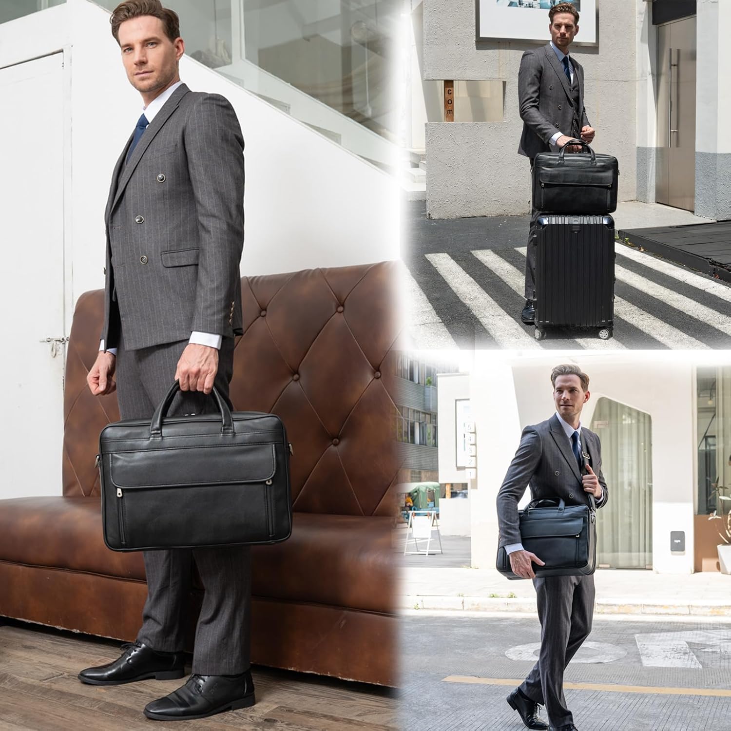 Thumbnail 1 de TIDING Men's Leather Briefcase 15.6‑17.3 Inch Laptop Bag – Black