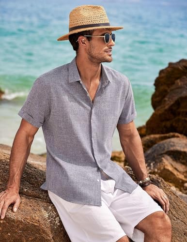 Thumbnail 3 de COOFANDY Camisa de Lino para Hombre, manga corta, azul grisáceo oscuro, XL