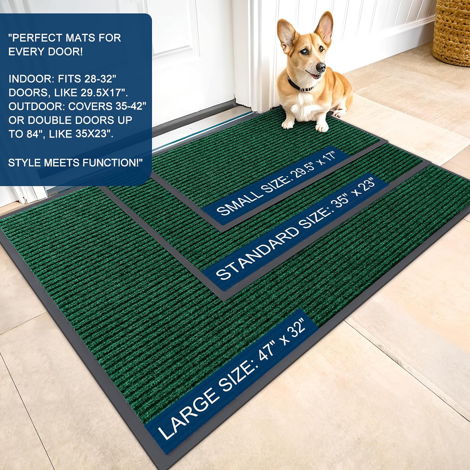Detalle de OLANLY 40 x 32-Inch Front Door Mat, Low-Profile Polyester, Green Stripes