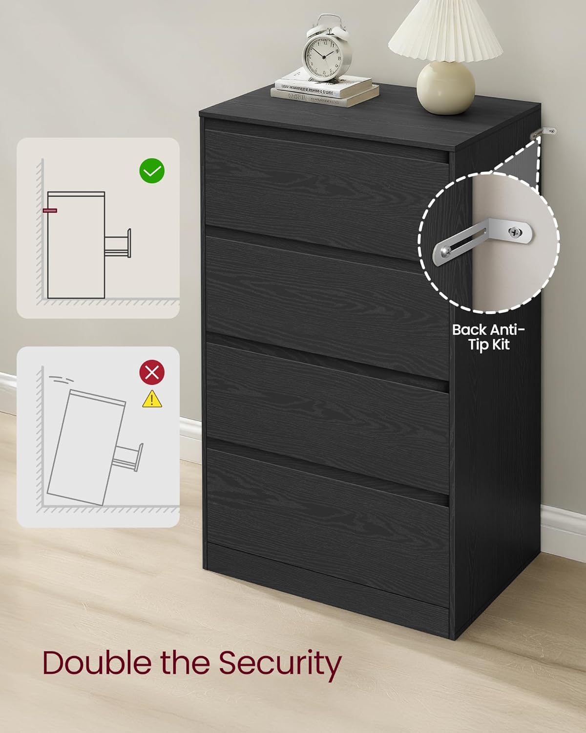 Detalle 2 de VASAGLE KAILYN LTS614BE05 4-drawer chest of drawers in ebony black (40 x 60 x 97.4 cm)