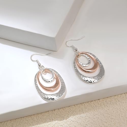 Detalle de Aliyoham Hammered Triple Oval Drop Earrings for Women, Silver & Rose Gold
