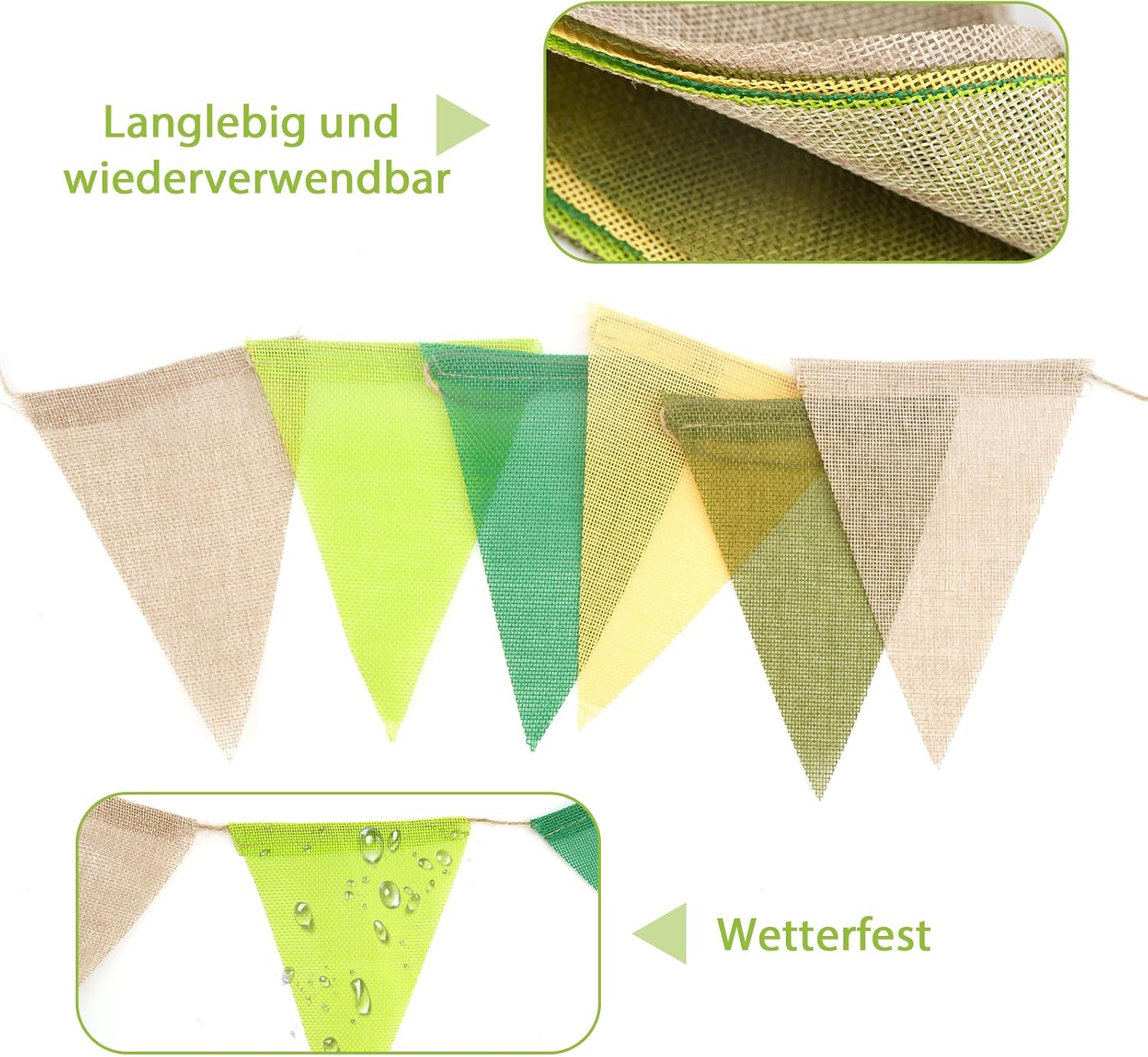 Detalle de G2PLUS Salbeigrün Wimpelkette Outdoor – 20 m, 60 Dreiecks-Wimpel, wetterfest