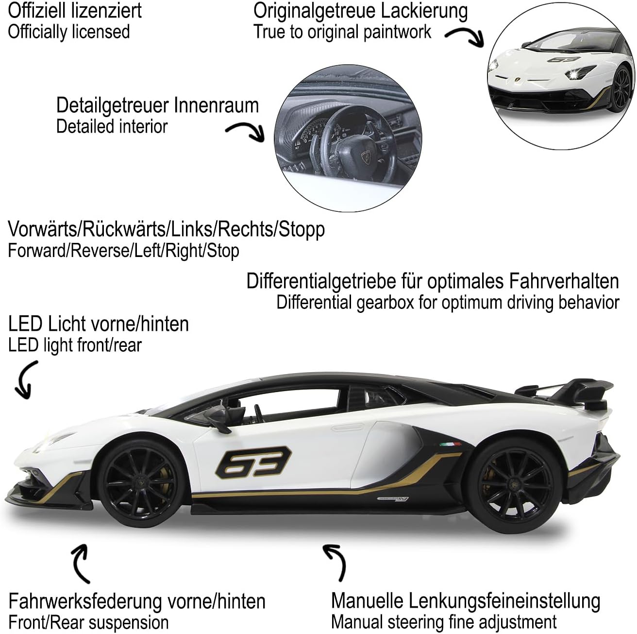 Detalle de JAMARA 405172 Lamborghini Aventador SVJ 1:14 – biały samochód RC 2,4 GHz z LED