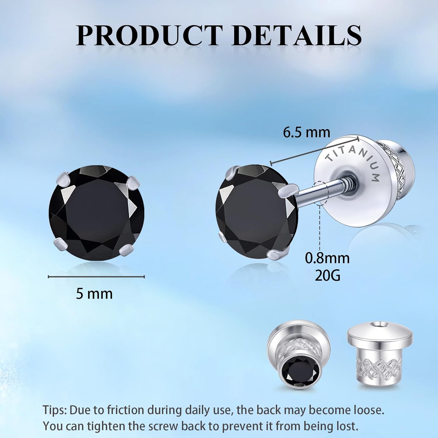 Thumbnail 2 de Limerencia Titan Ohrringe mit Schraubverschluss – G23 Titan, 5 mm CZ, hypoallergen, 20G