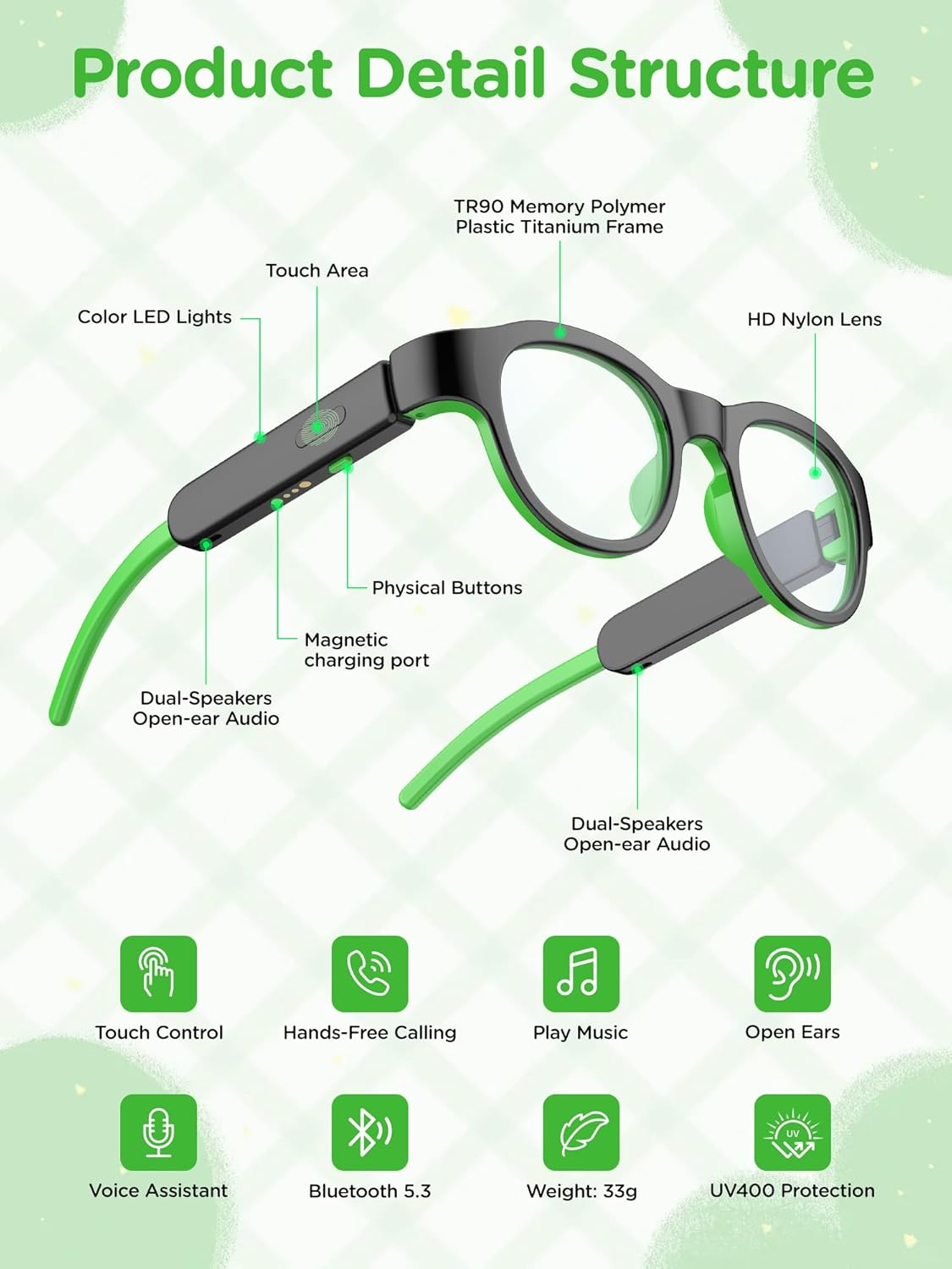 Detalle de XIYANGYANG Anti Blue Light Audio Glasses with Open-Ear Audio and RGB LEDs