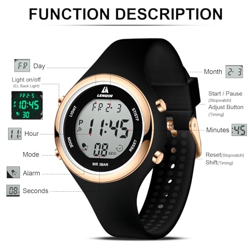 Thumbnail 5 de LN LENQIN Montre Femme R046-Black Gold Black : chronomètre digital 30 m, LED et alarmes