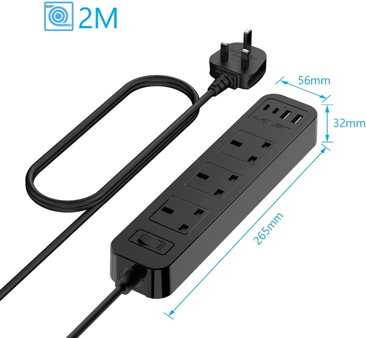 Thumbnail 2 de JSVER 7-in-1 Extension Lead with USB-C & USB-A Slots, 3 AC Outlets and 2m Cable (Switch) – Black