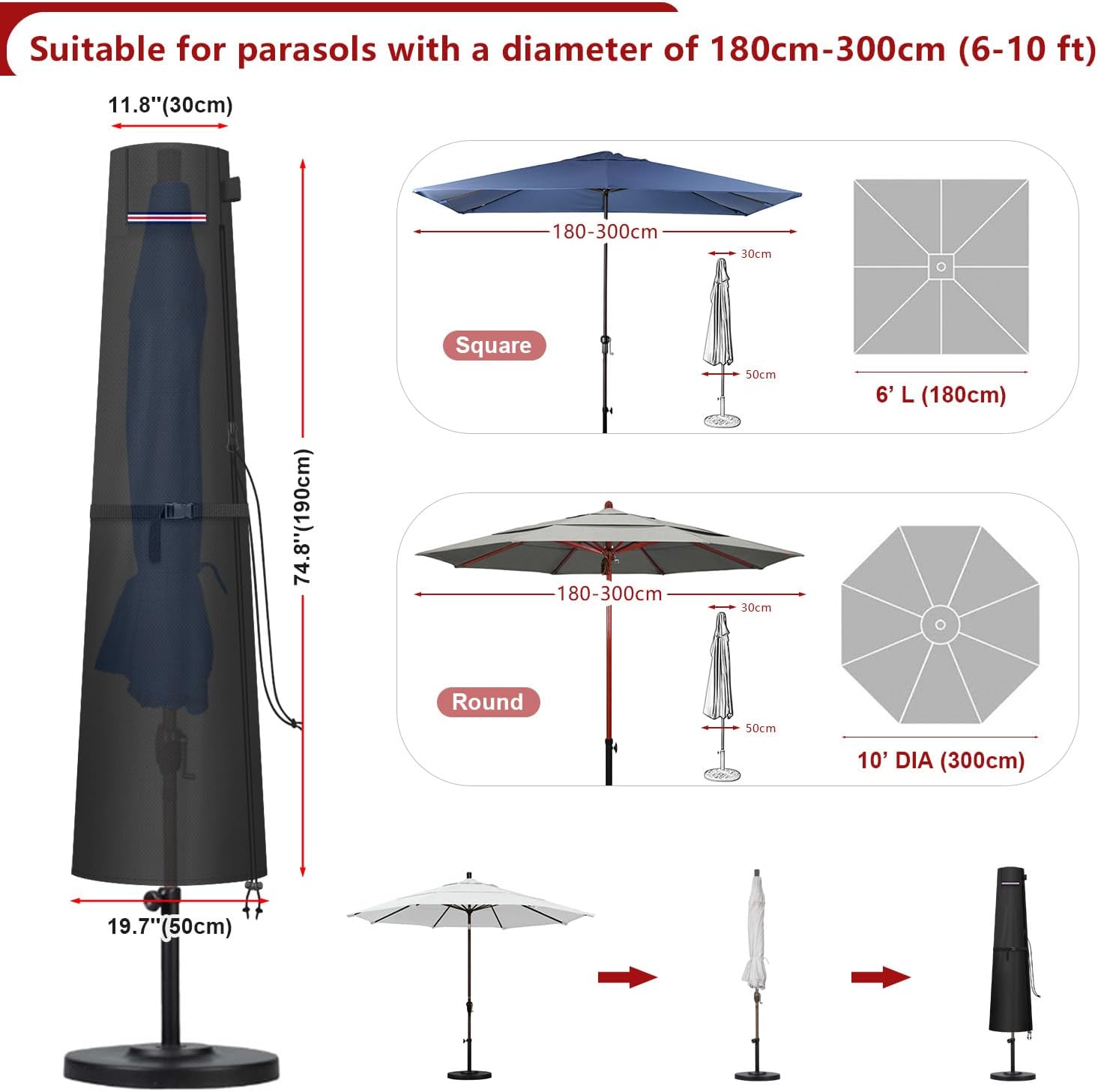 Detalle 2 de LAMUNI Housse Parasol Droit 2m à 3m avec Tige et Zip – Protection durable pour parasol de jardin