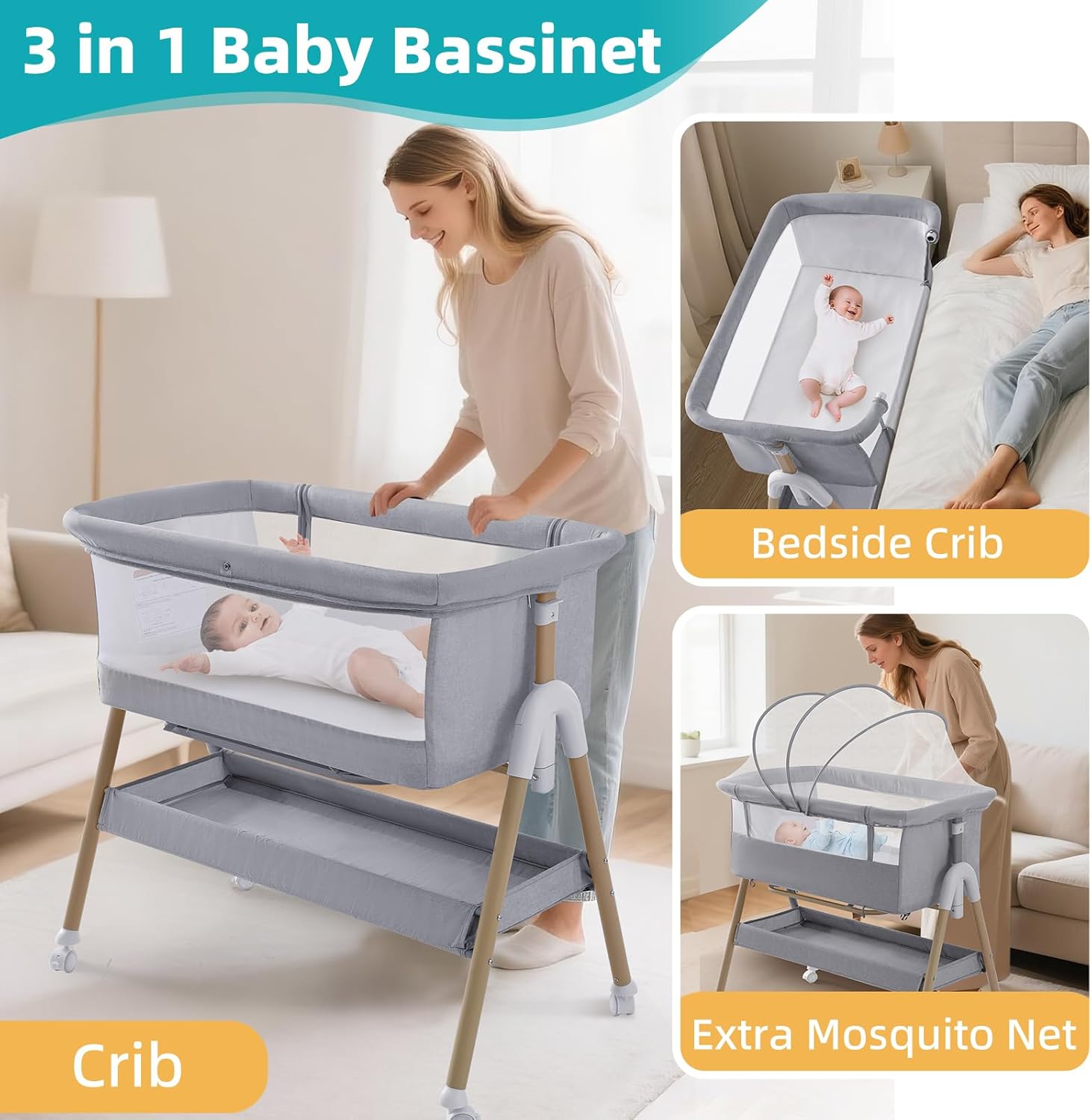 Thumbnail 2 de 3 in 1 Baby Beside Crib (from birth to 9kg) – portable bedside bassinet with adjustable height & incline, lockable wheels, grey