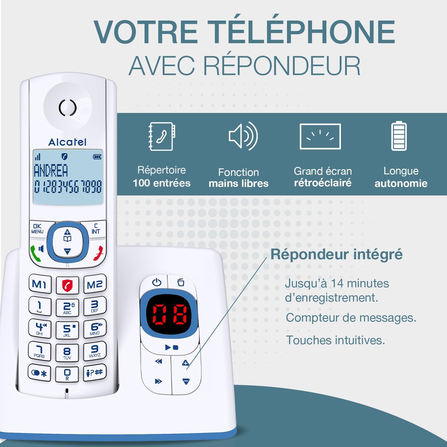 Detalle de ALCATEL F530 Voice Duo — Téléphone Fixe Sans Fil DECT avec Répondeur et Grand Écran
