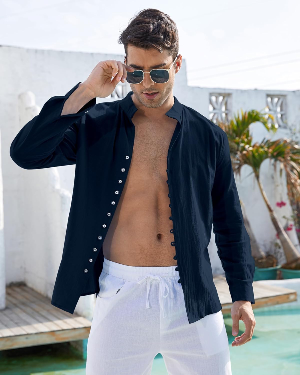 Detalle 2 de NANAMEEI Chemise en Lin pour Homme à Manches Longues – Style décontracté et col Mao