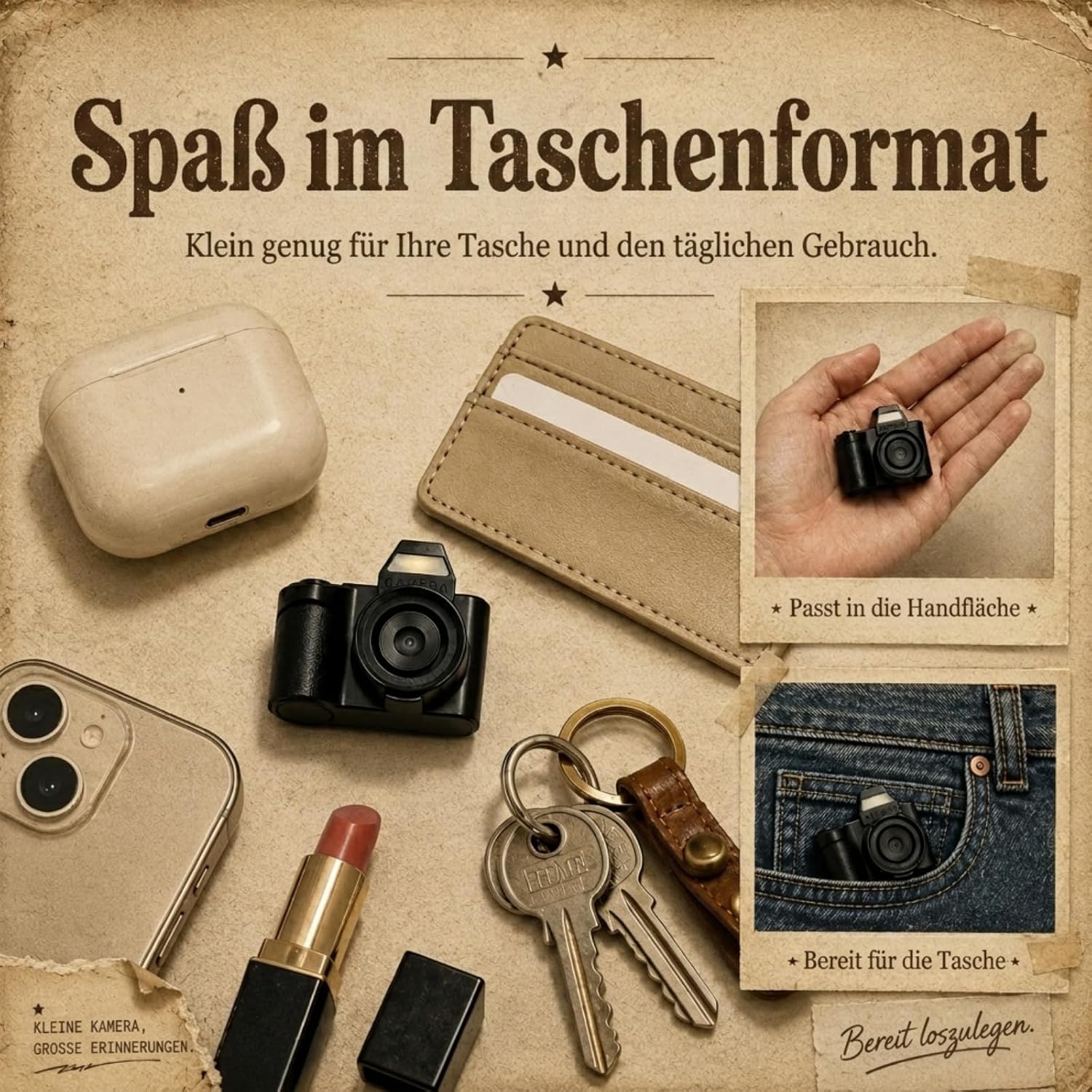 Detalle de MaxMango Mini Schlüsselanhänger Digitalkamera – Retro-Kamera mit 1,3 Zoll, 1080P und 64 GB Speicher (Schwarz)
