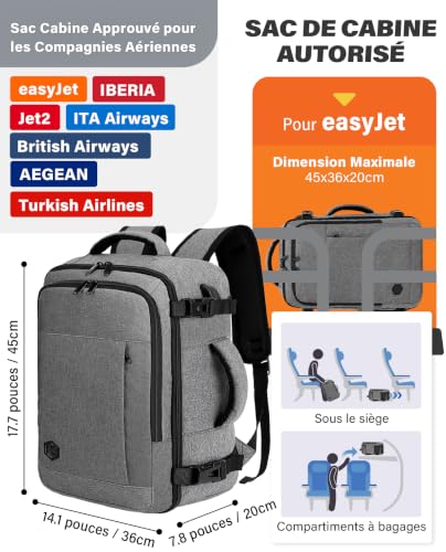 Detalle de VANKEV Bagage Cabine 45x36x20 cm – Sac à dos voyage pour EasyJet