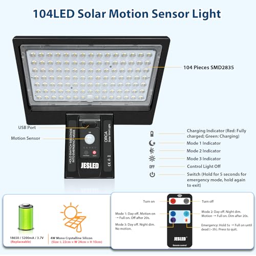 Thumbnail 5 de Lámpara Solar Exterior JESLED 104 LED con Sensor de Movimiento y Mando a Distancia (Pack 2) – 6000K, IP65
