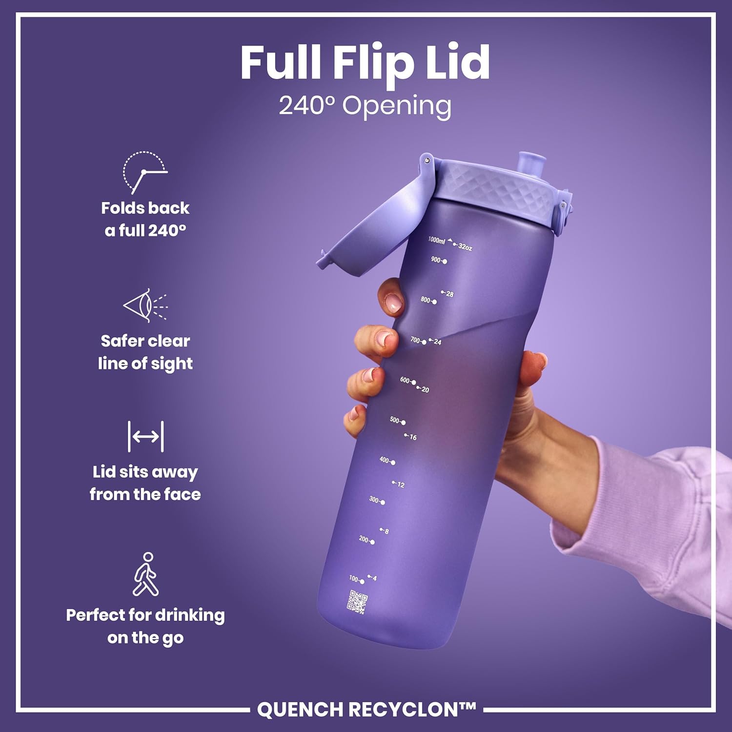 Detalle de Ion8 1 Litre Water Bottle with Times to Drink – Leak‑Proof, Dishwasher Safe and BPA Free