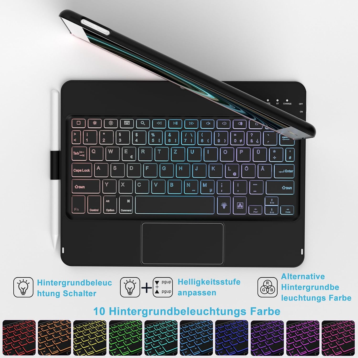 Detalle 2 de TQQ Tastaturhülle für iPad 10.2 Zoll (7., 8. und 9. Generation) mit Präzisions-Trackpad und 10-Farbiger Hintergrundbeleuchtung – Deutsches QWERTZ-Layout