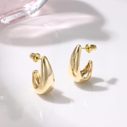 Detalle de Dochais Chunky Gold Earrings for Women – 925 Sterling Silver Hoop Earrings