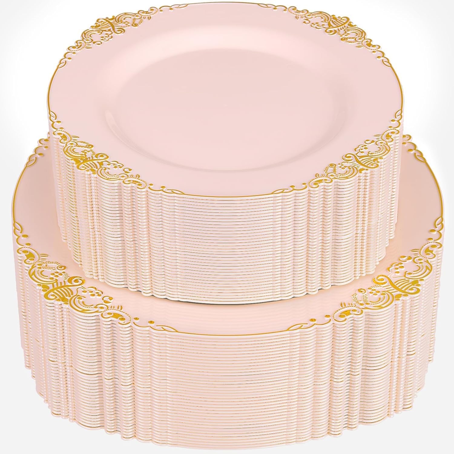 Detalle de Joyido 102PCS Pink & Gold Plastic Plates Set (Dinner + Dessert) for Weddings & Parties
