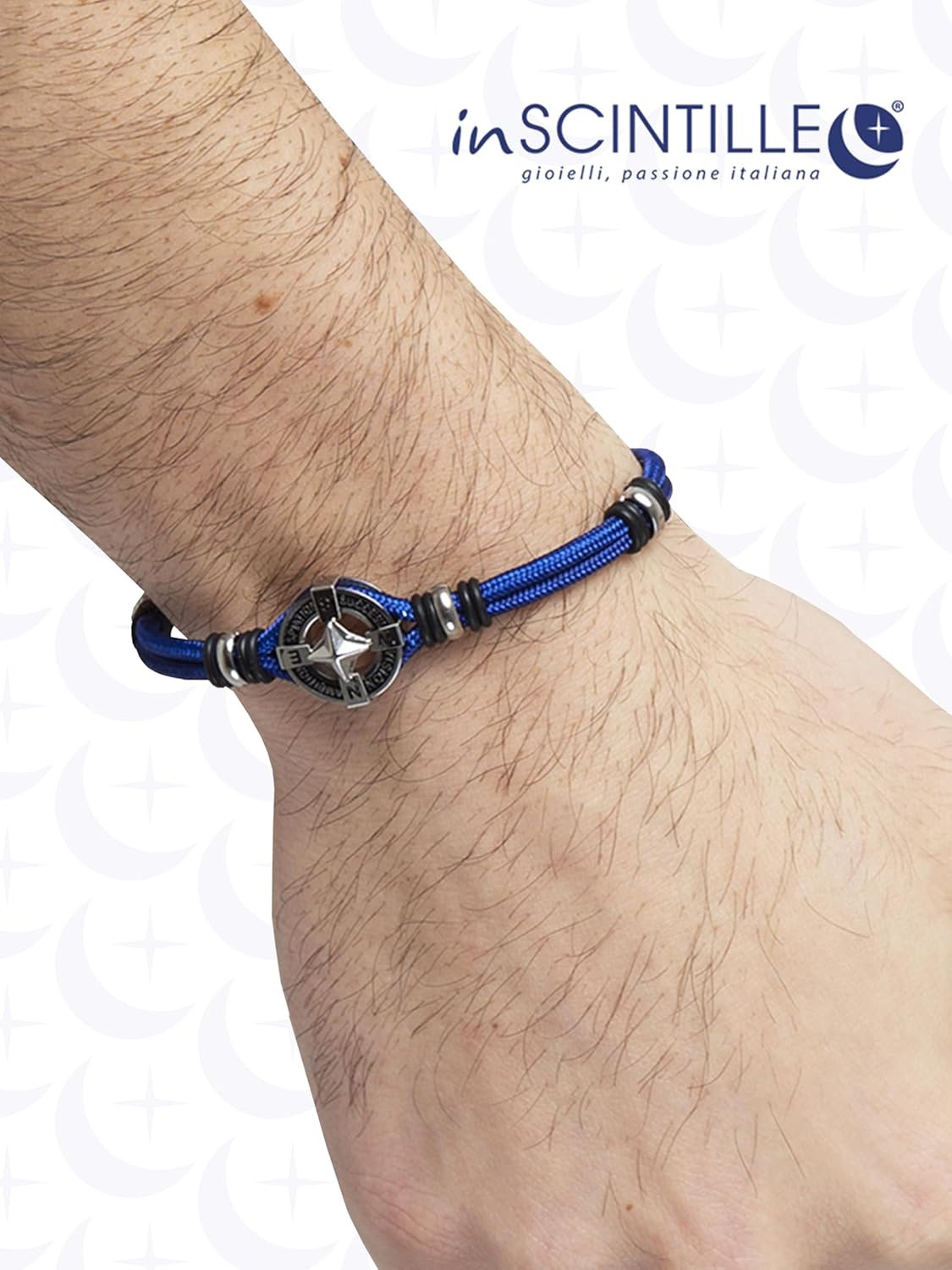 Detalle 2 de inSCINTILLE Bracciale Uomo in Acciaio Simboli Nautica Rosa dei Venti, Regolabile 18–22 cm – Confezione Regalo Inclusa