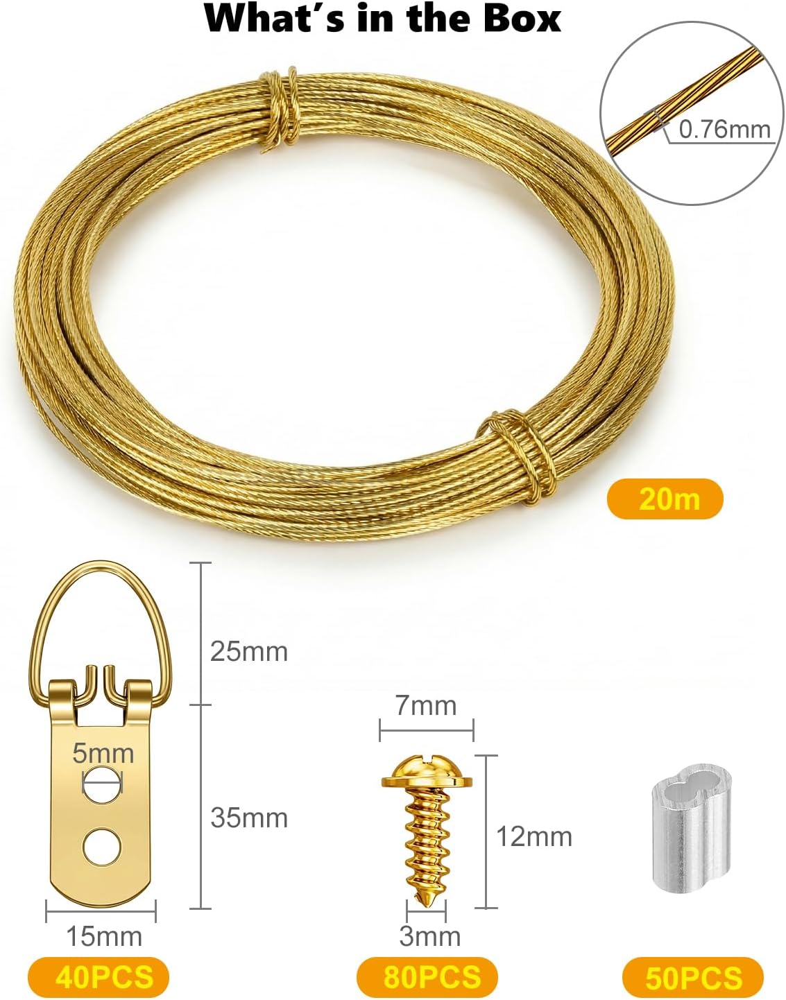 Detalle 2 de 40 Picture Hanging Kit with Wire Screws D-Ring Hangers Golden