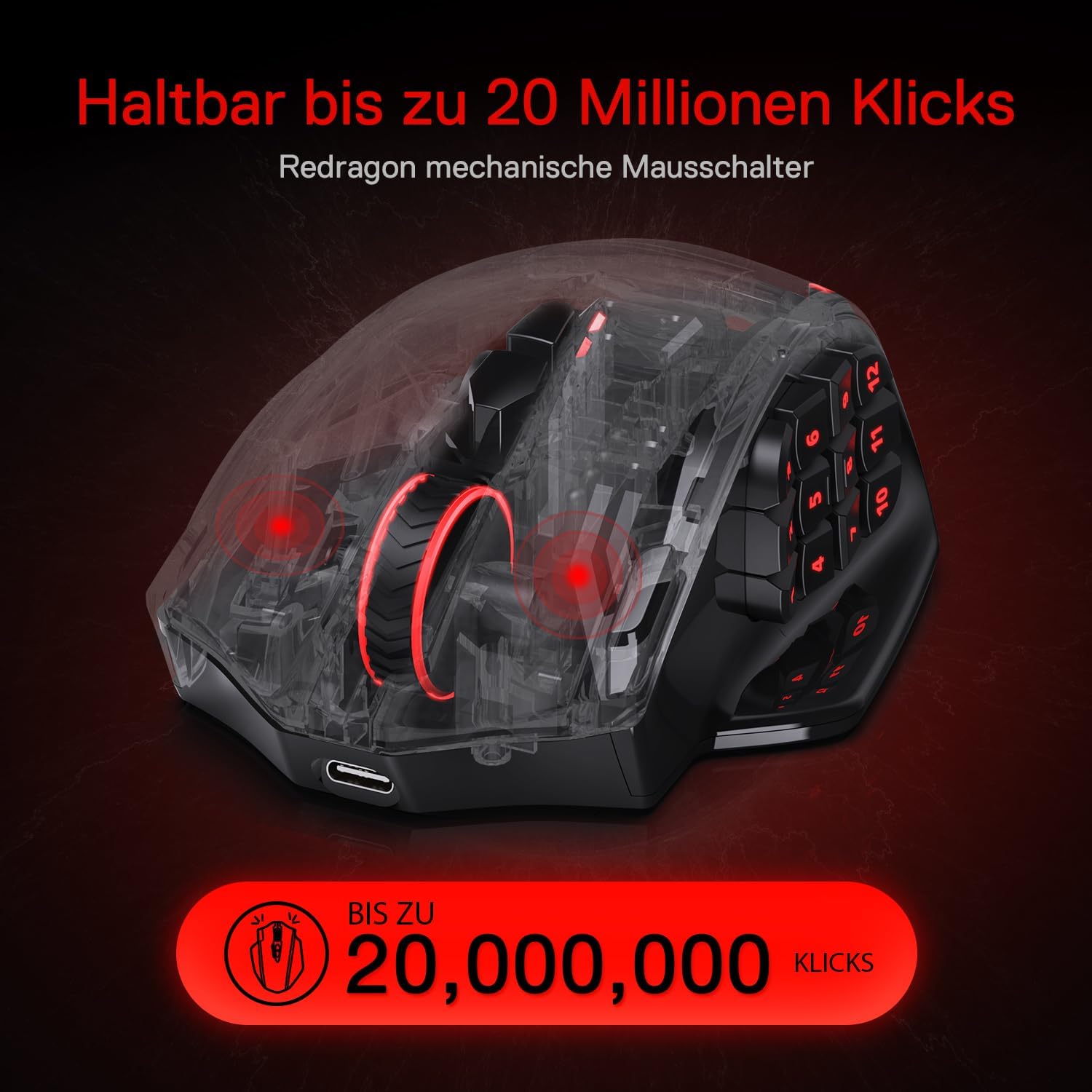 Detalle 2 de Redragon M913 Impact Elite Wireless Gaming Maus 16000 DPI MMO-Maus