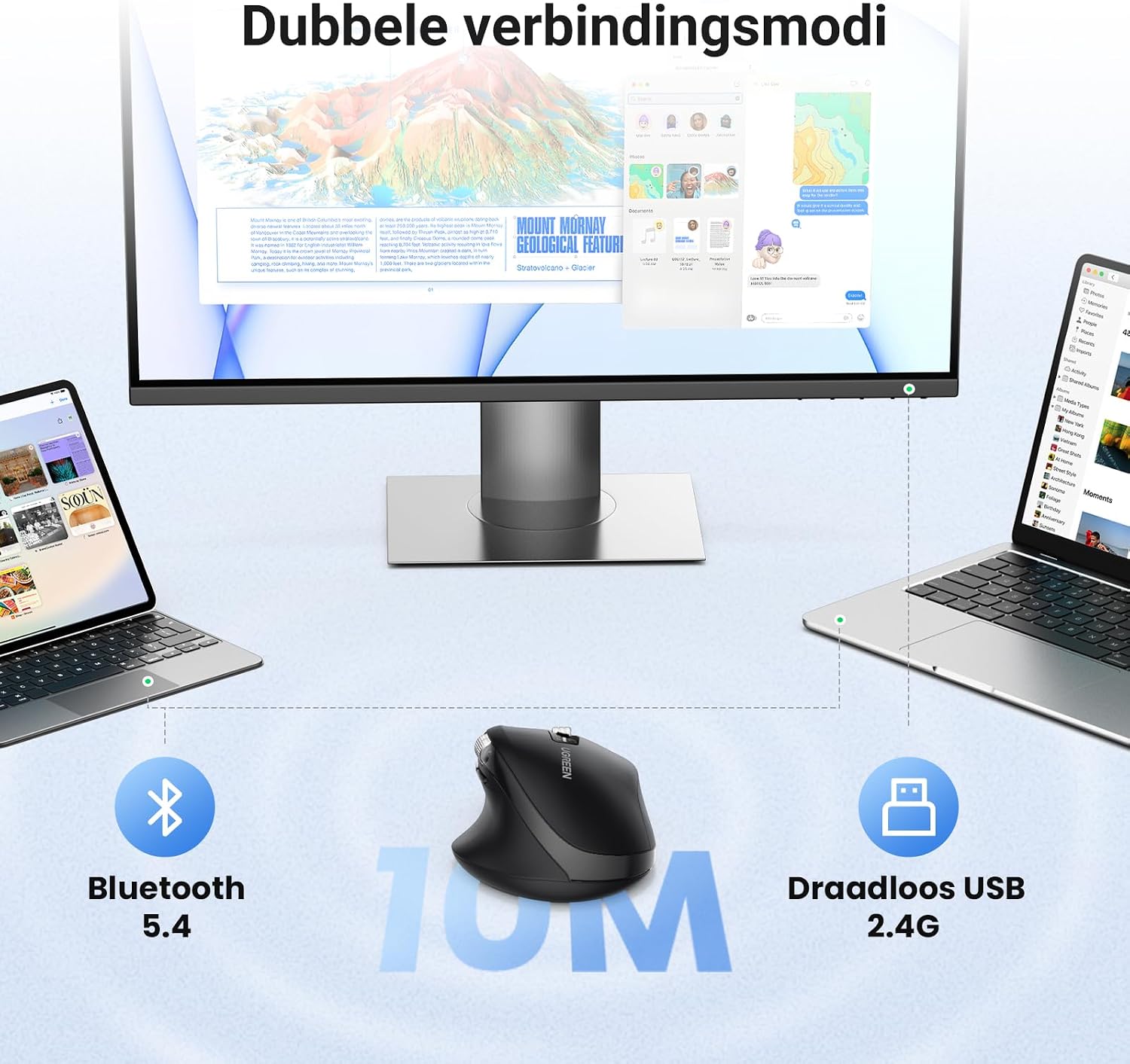Detalle de UGREEN draadloze muis met 2,4GHz en Bluetooth, stille klik en vijf dpi-niveaus