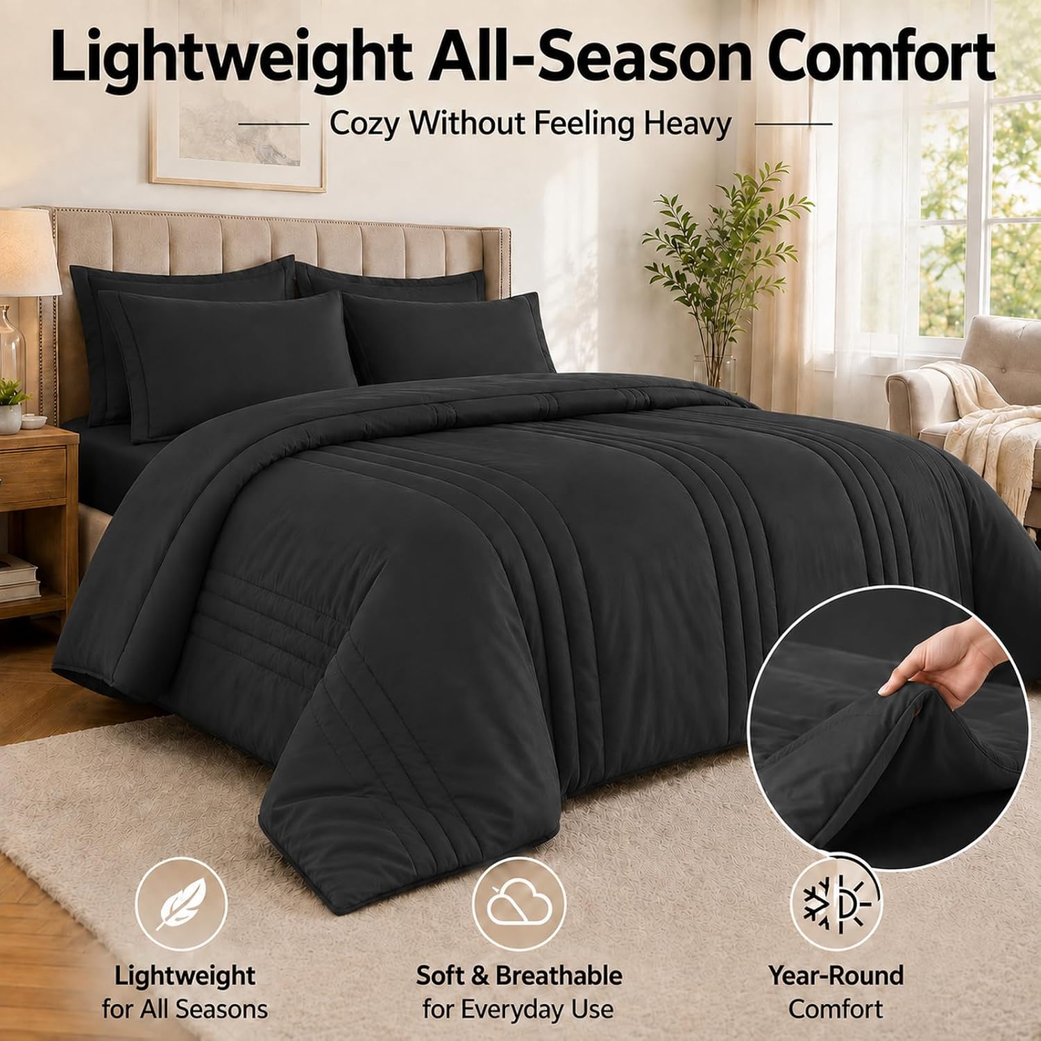 Thumbnail 3 de Velorose Queen Comforter Set Black – 7-Piece Bed in a Bag for All Seasons