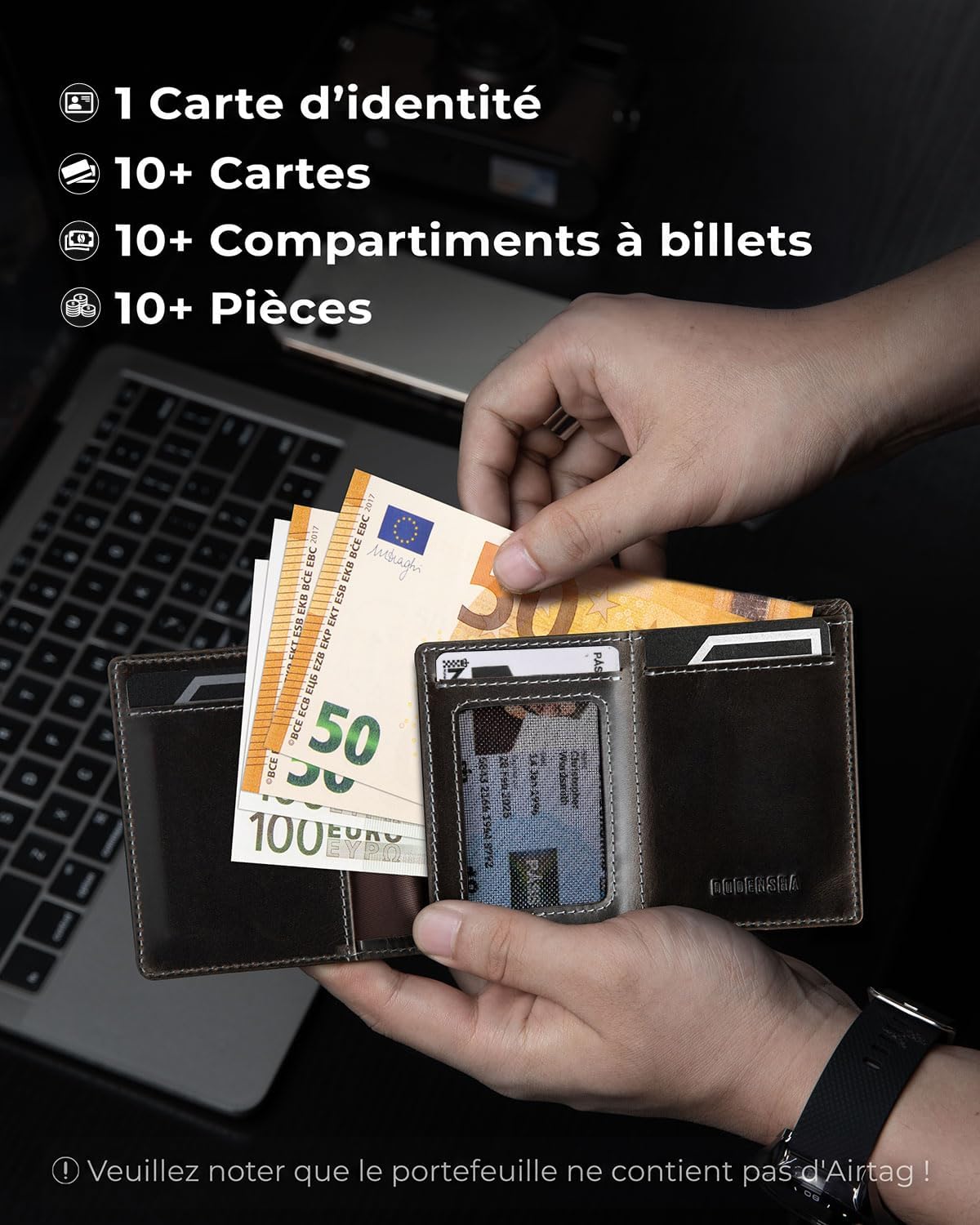 Detalle de DODENSHA Airtag Portefeuille pour homme XL – MagSnap, RFID et compartiment monnaie, 8–10 cartes