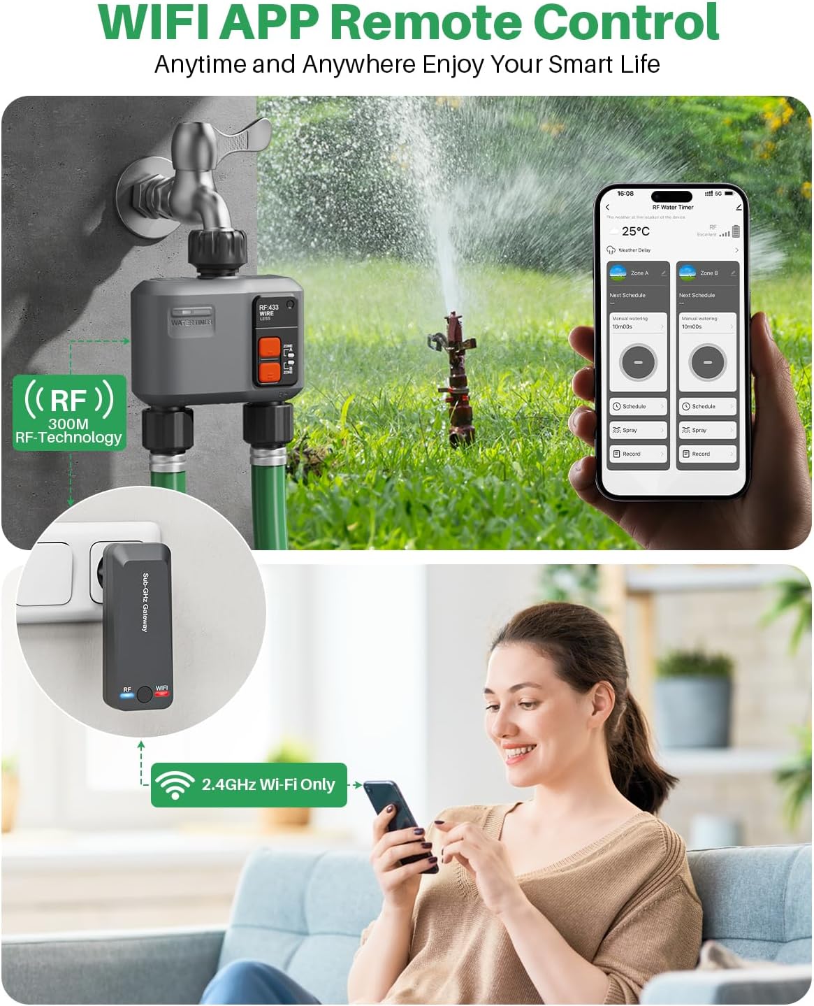 Thumbnail 1 de JohGee Programmatore di irrigazione WiFi a 2 uscite con RF 300M – controllo intelligente per giardino