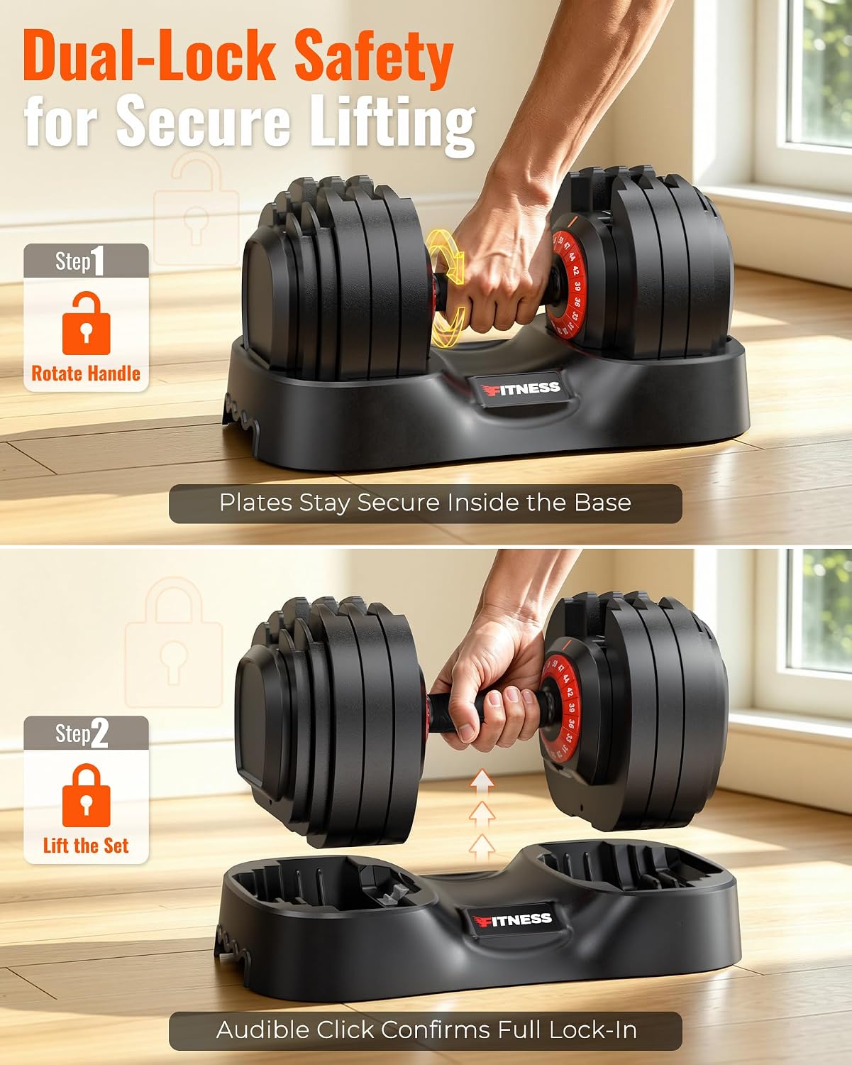 Detalle de Rendpas Adjustable Dumbbells, 5–50 lb, 18 Settings, Dual-Lock Safety