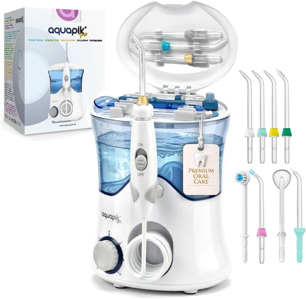 Detalle de Aquapik PRO Munddusche mit Precision Pulse Technologie – gründliche Plaque-Entfernung, 8 Aufsätze, 10 Modi