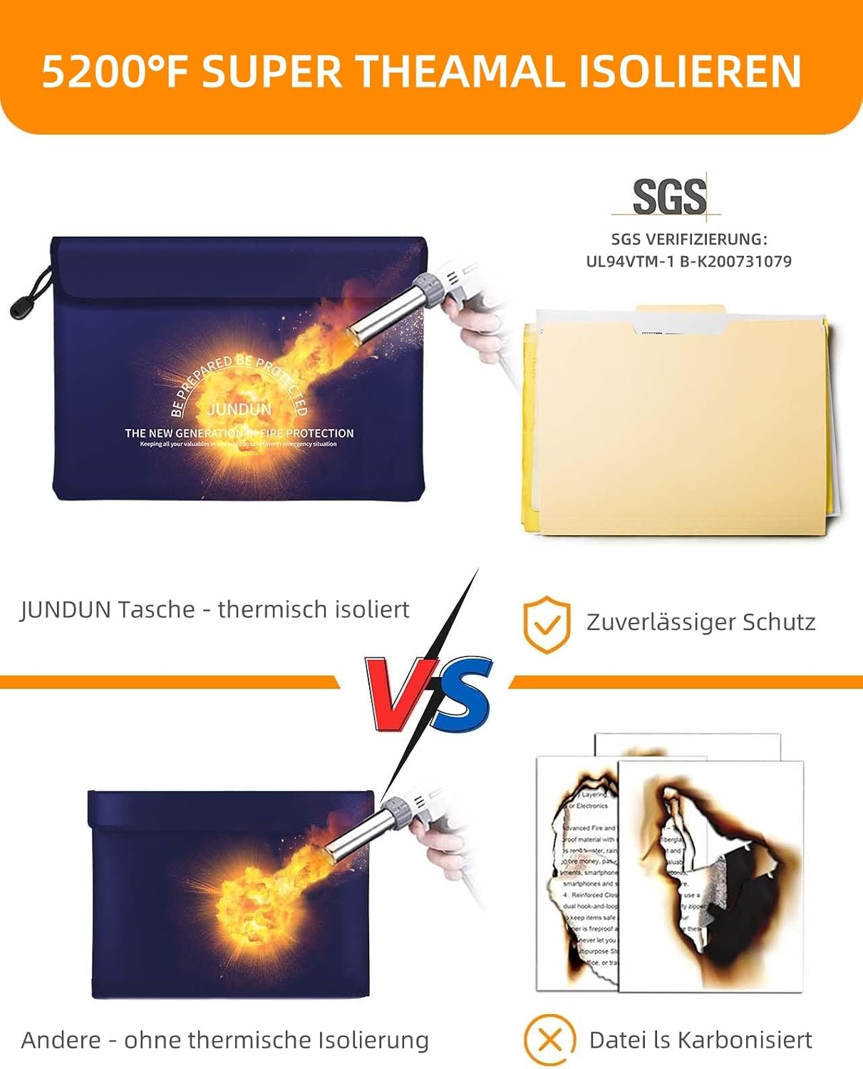 Thumbnail 3 de JUNDUN Feuerfeste Dokumententasche 5200℉ Wärmeisolierung, 36x26 cm – wasserdicht mit Reißverschluss (blau)